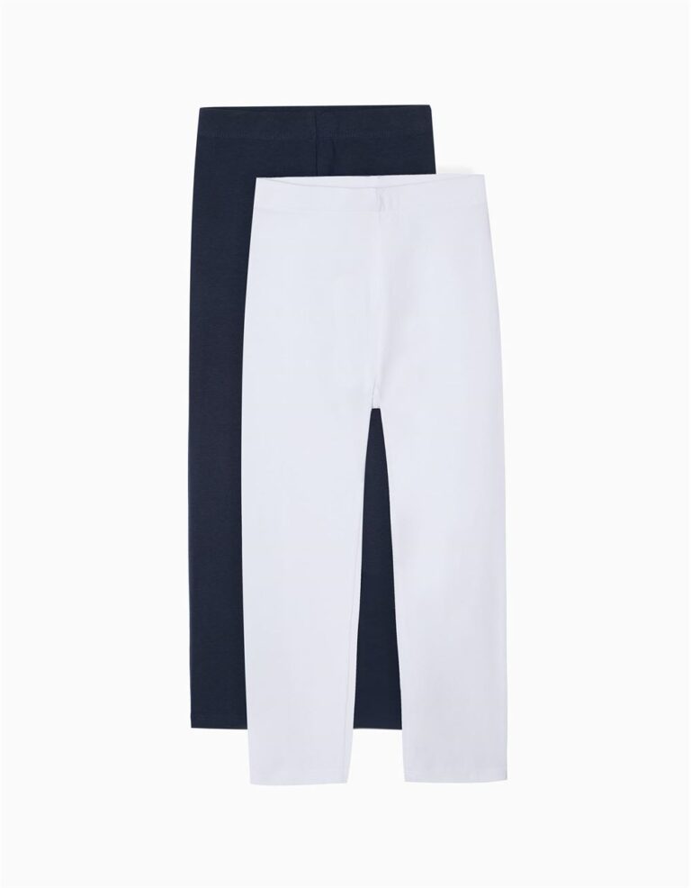 Pack of 2 Pairs essential leggings for Girls, White/Dark Blue