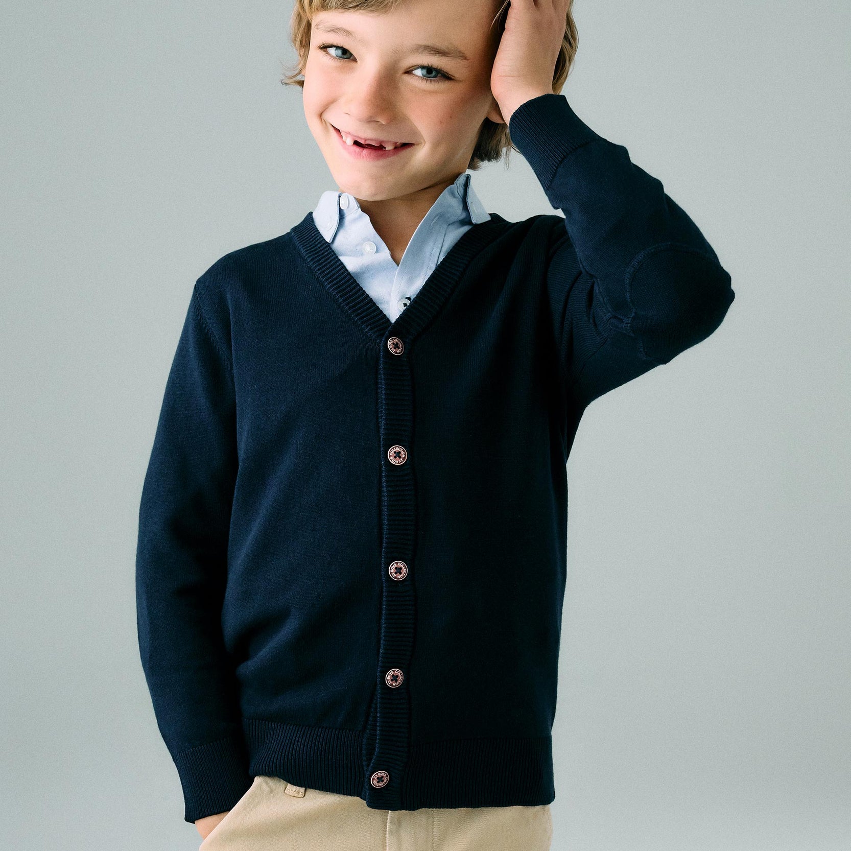 Knitted Cardigan with Elbow Patches for Boys, Dark Blue