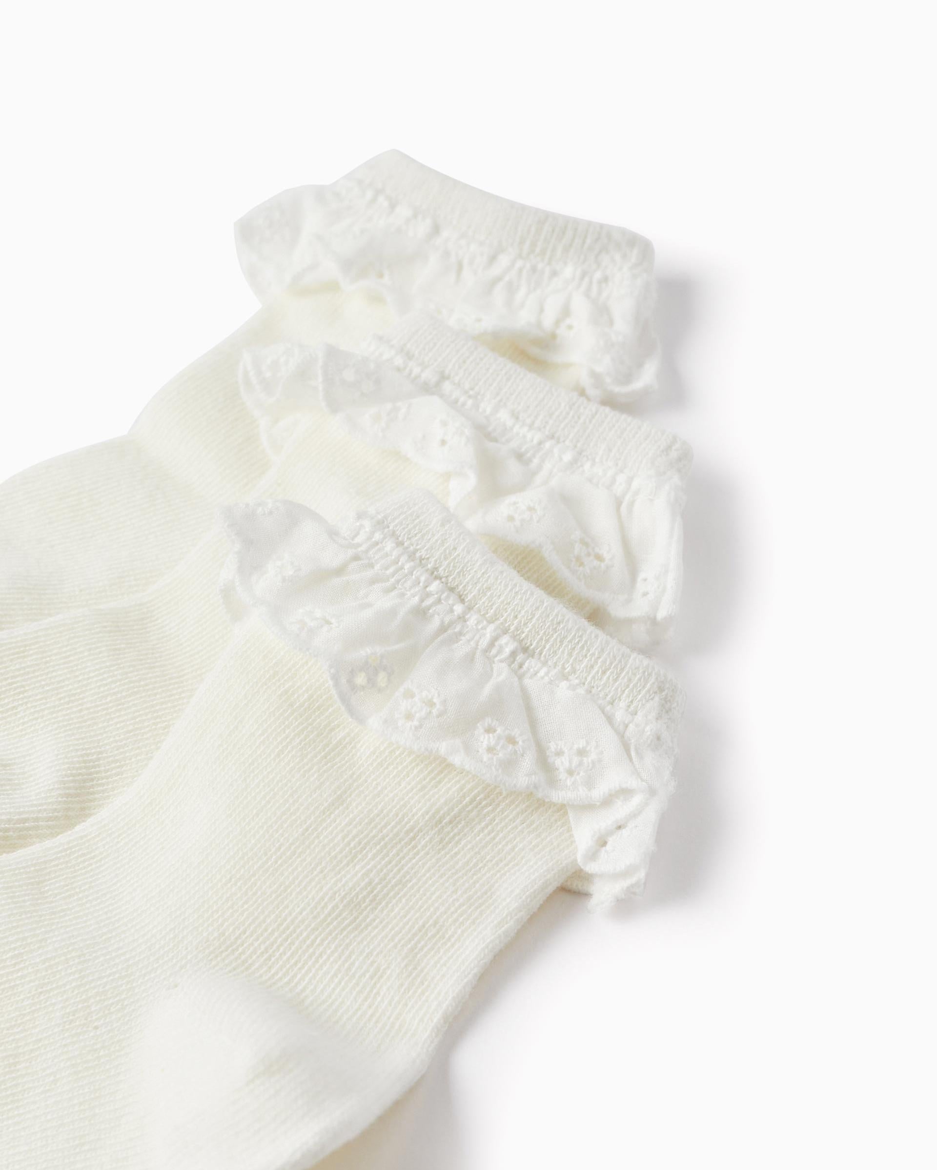 Pack of 3 Pairs of Socks with English Embroidery for Girls, White