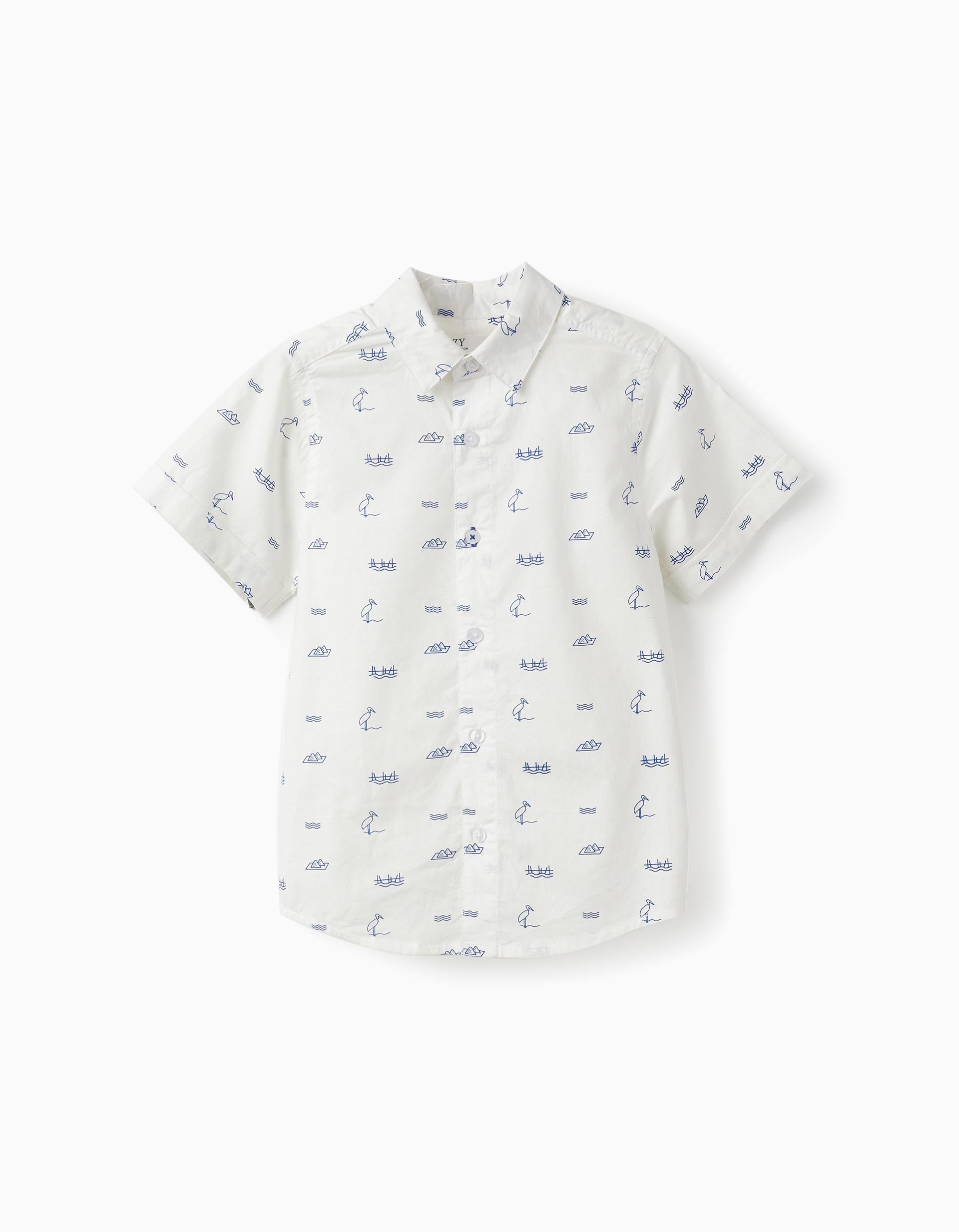 Short Sleeve Cotton Shirt for Boys, White/Blue