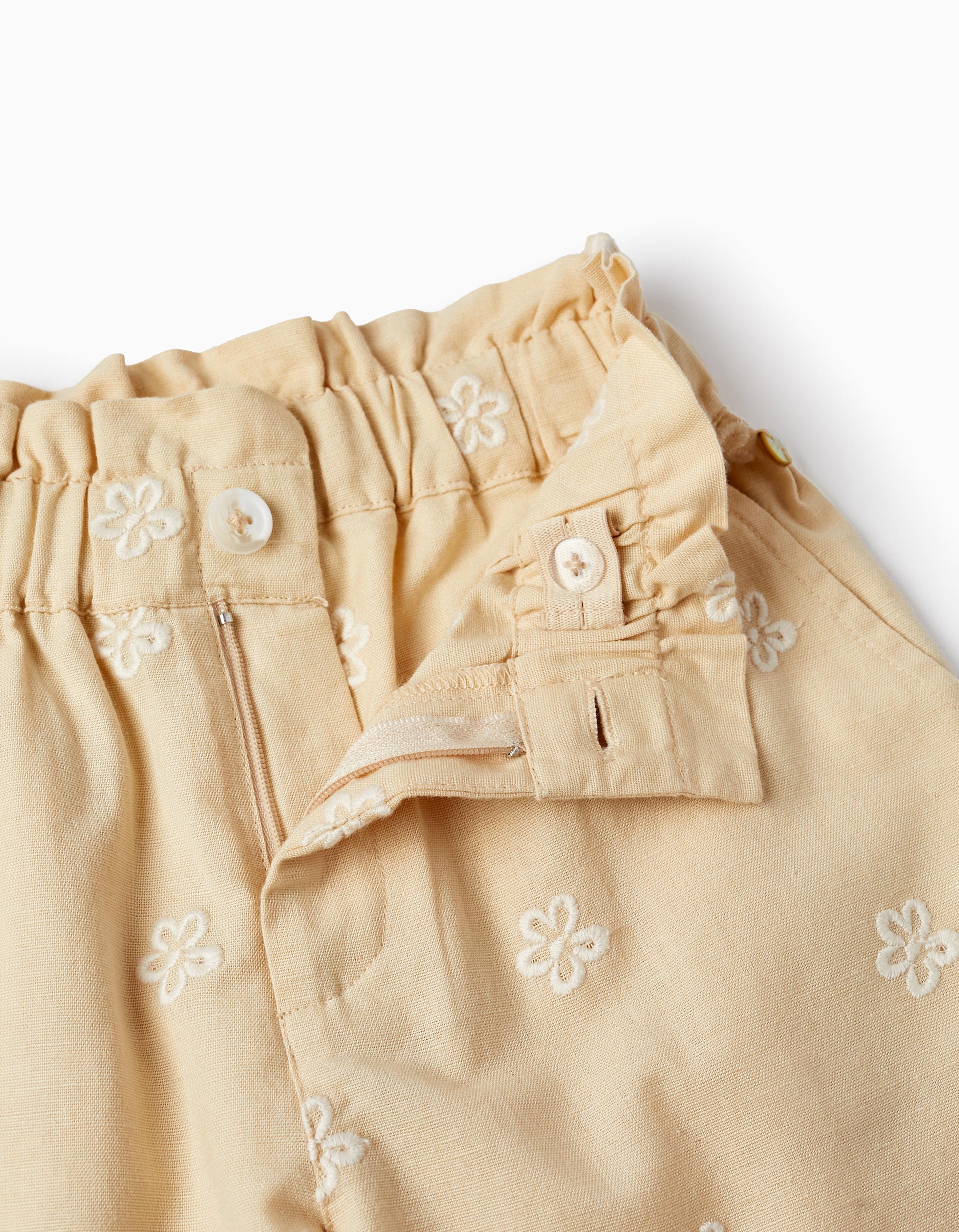 Trousers in Cotton and Linen Blend with Embroidered Flowers for Girls, Beige