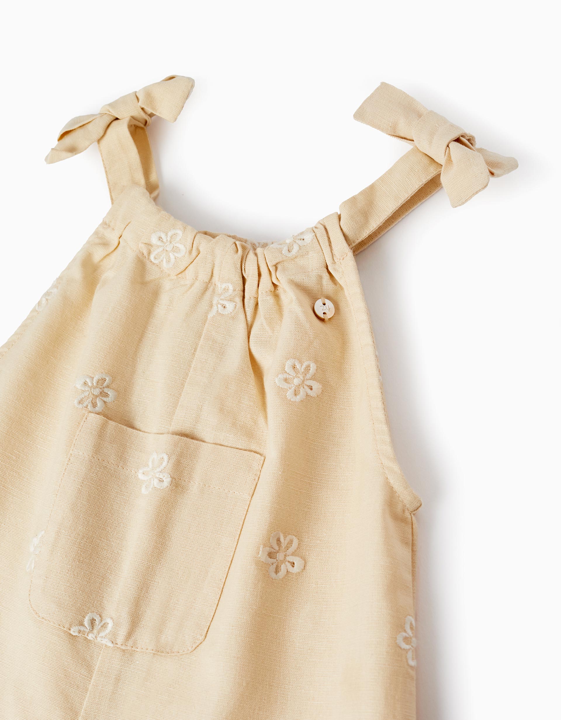 Jumpsuit in Cotton and Linen with Embroidered Flowers for Baby Girls, Beige