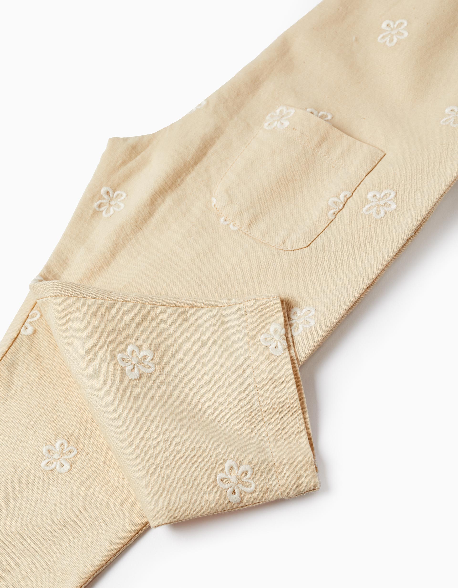 Jumpsuit in Cotton and Linen with Embroidered Flowers for Baby Girls, Beige