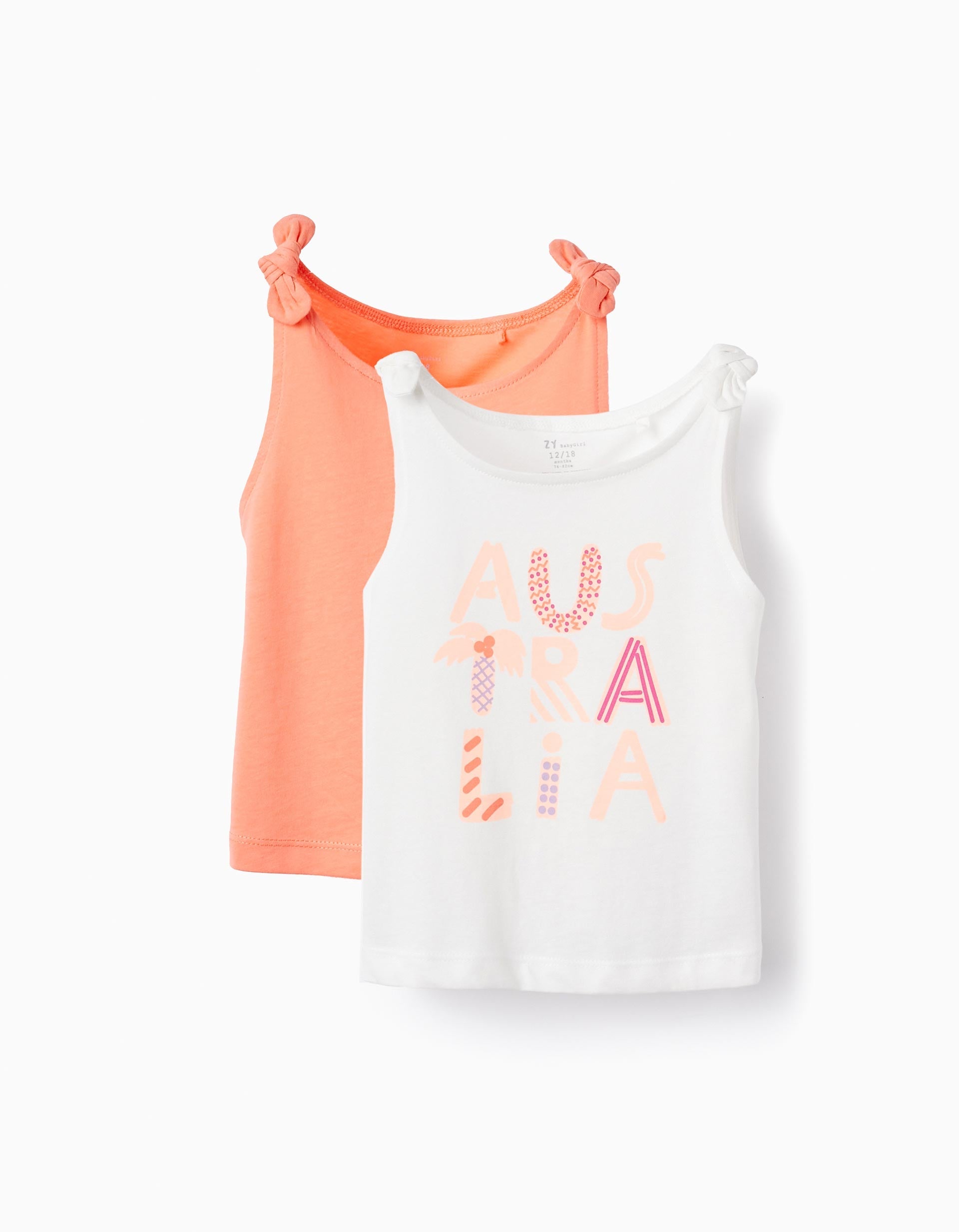 2 Cotton Tops for Baby Girls 'Australia', White/Coral