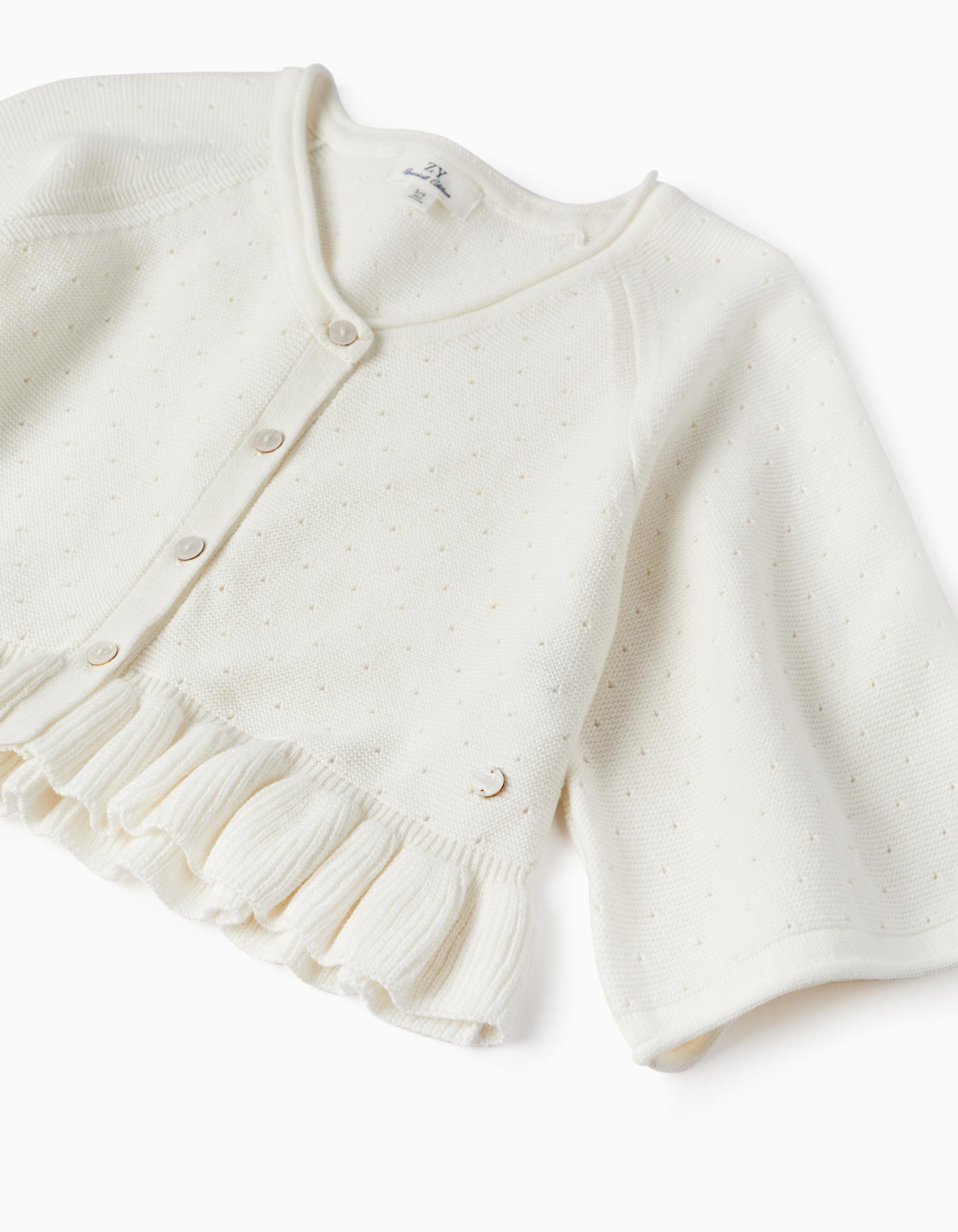Knitted Bolero Jacket with Ruffle for Girls, White
