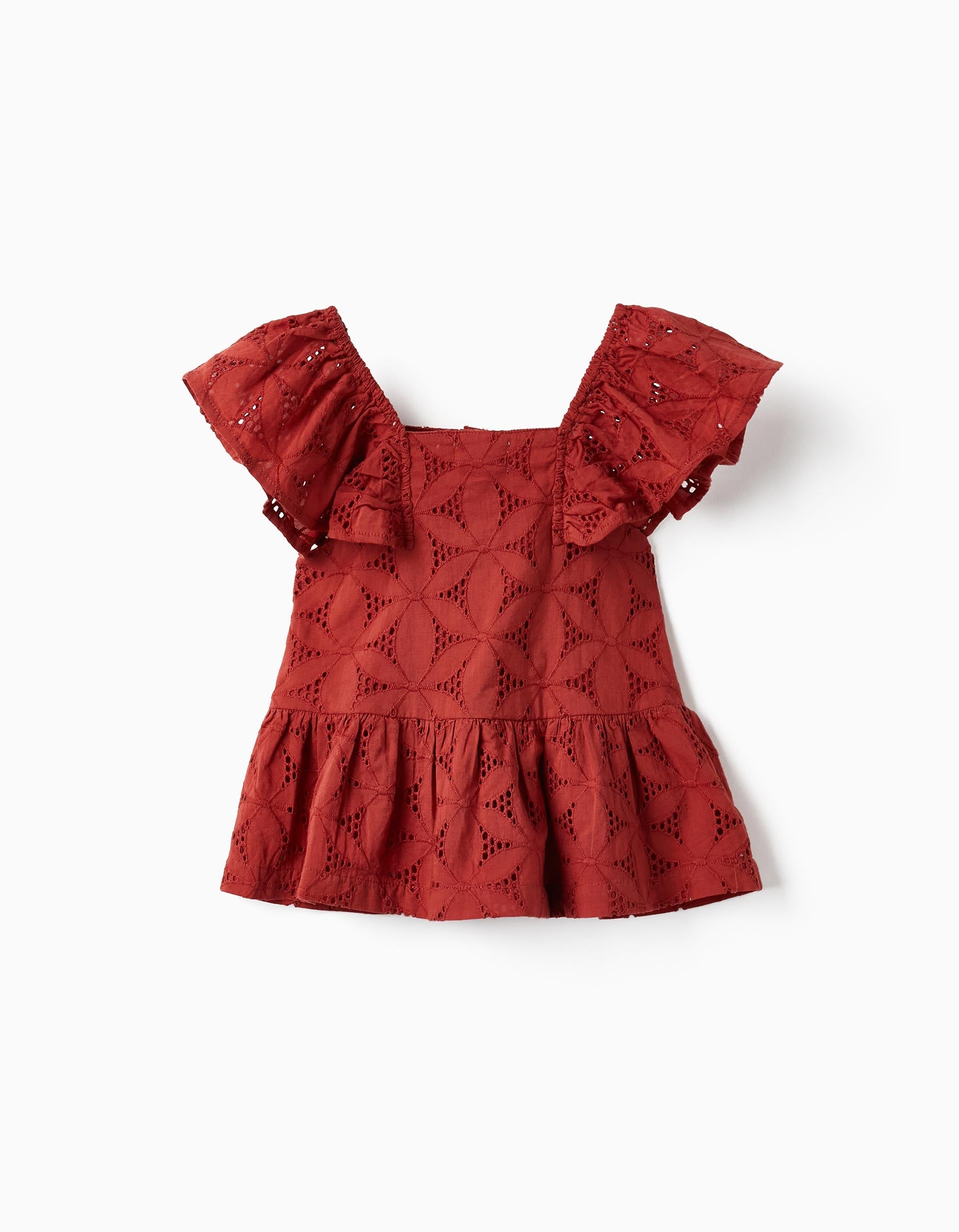Short-sleeved Blouse with Embroidery for Girls, Dark Red