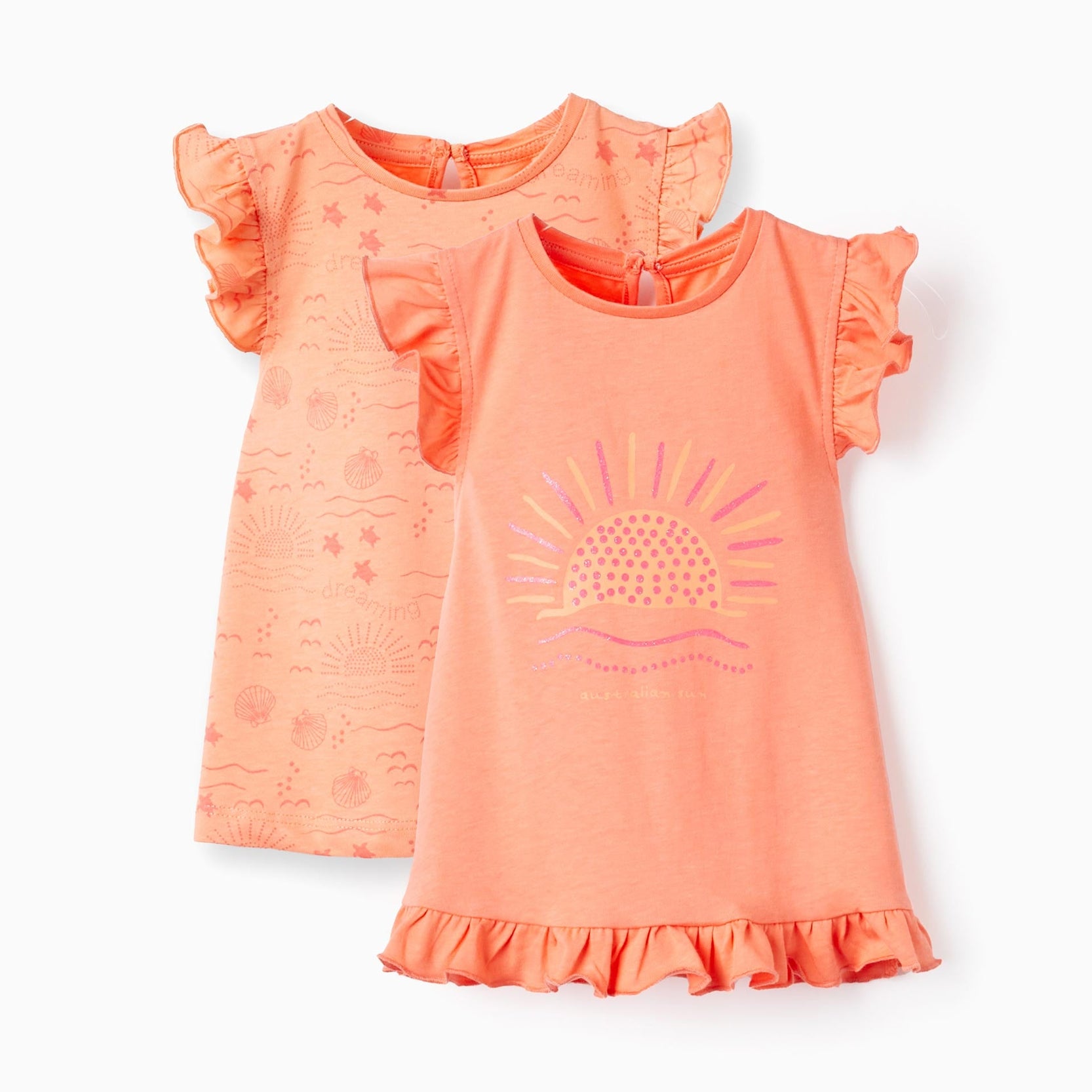 Pack of 2 Cotton Sleeveless T-shirts for Baby Girls 'Sun', Coral