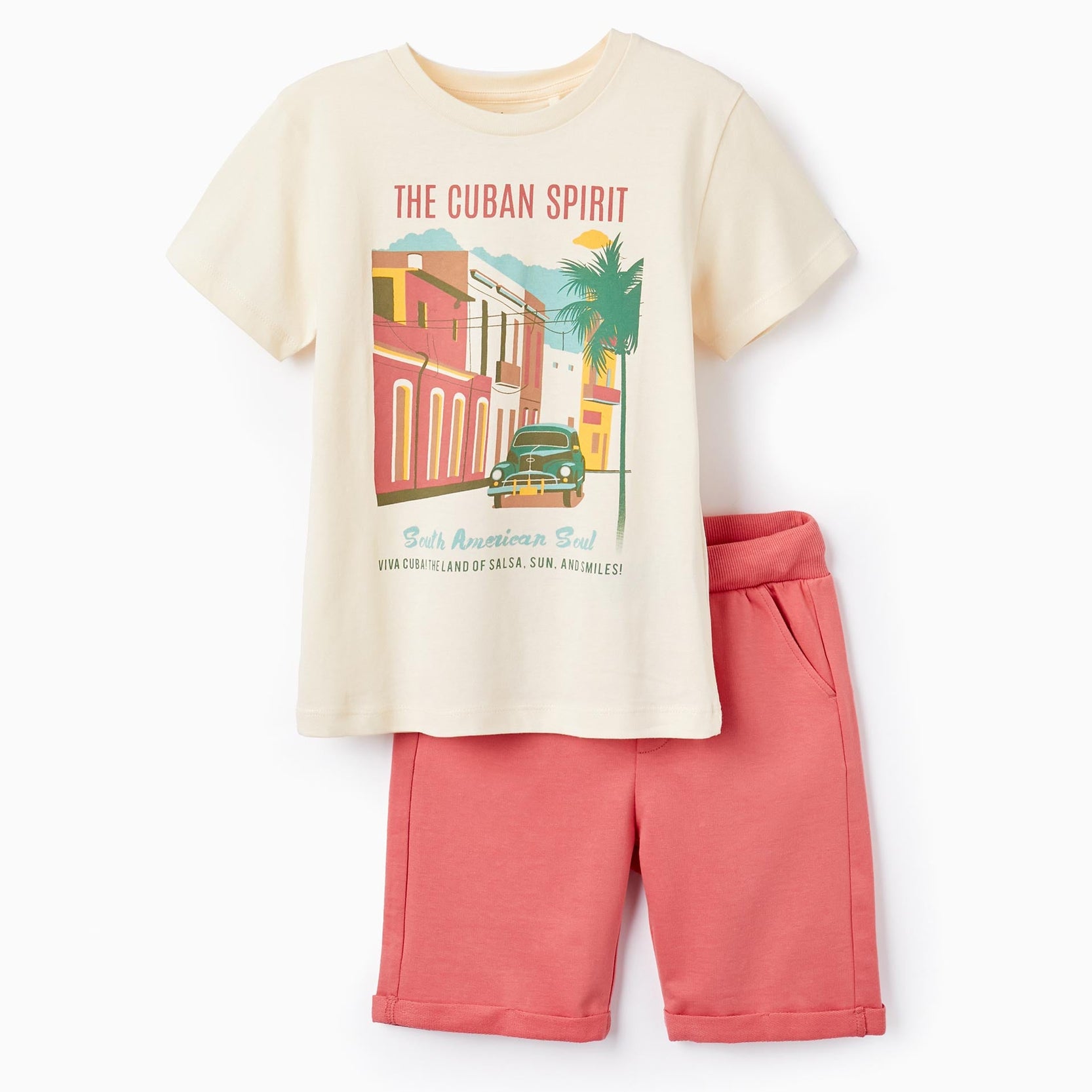 T-shirt + Shorts for Boys 'The Cuban Spirit', Beige/Coral