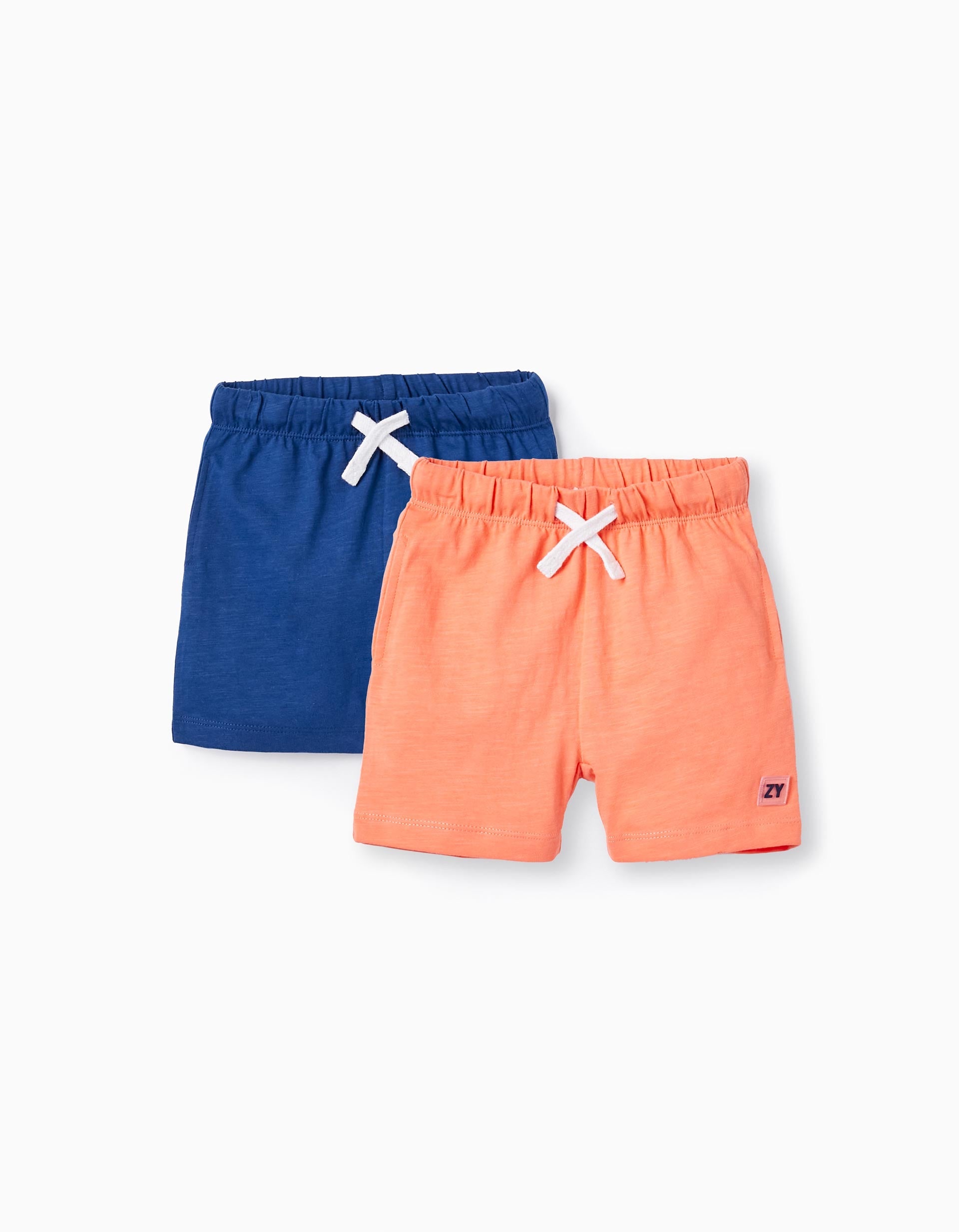 2 Cotton Sport Shorts for Baby Boys, Coral/Dark Blue