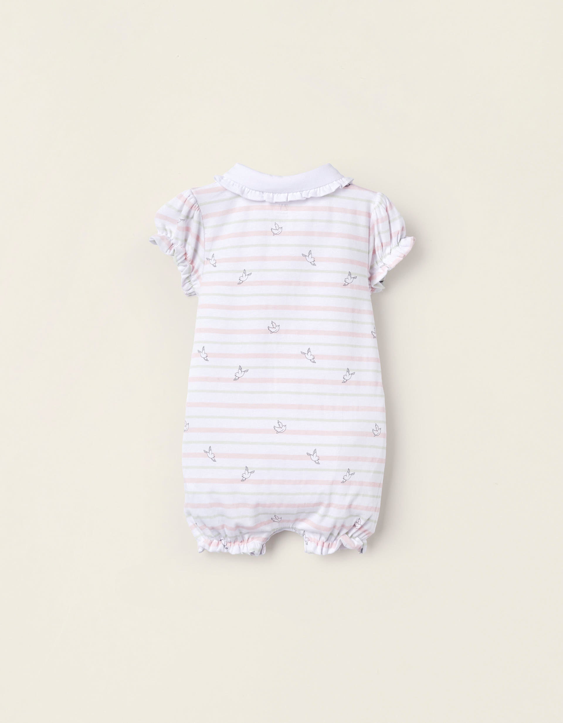 Striped Jumpsuit for Newborn Girls 'Birds', White/Green/Light Pink