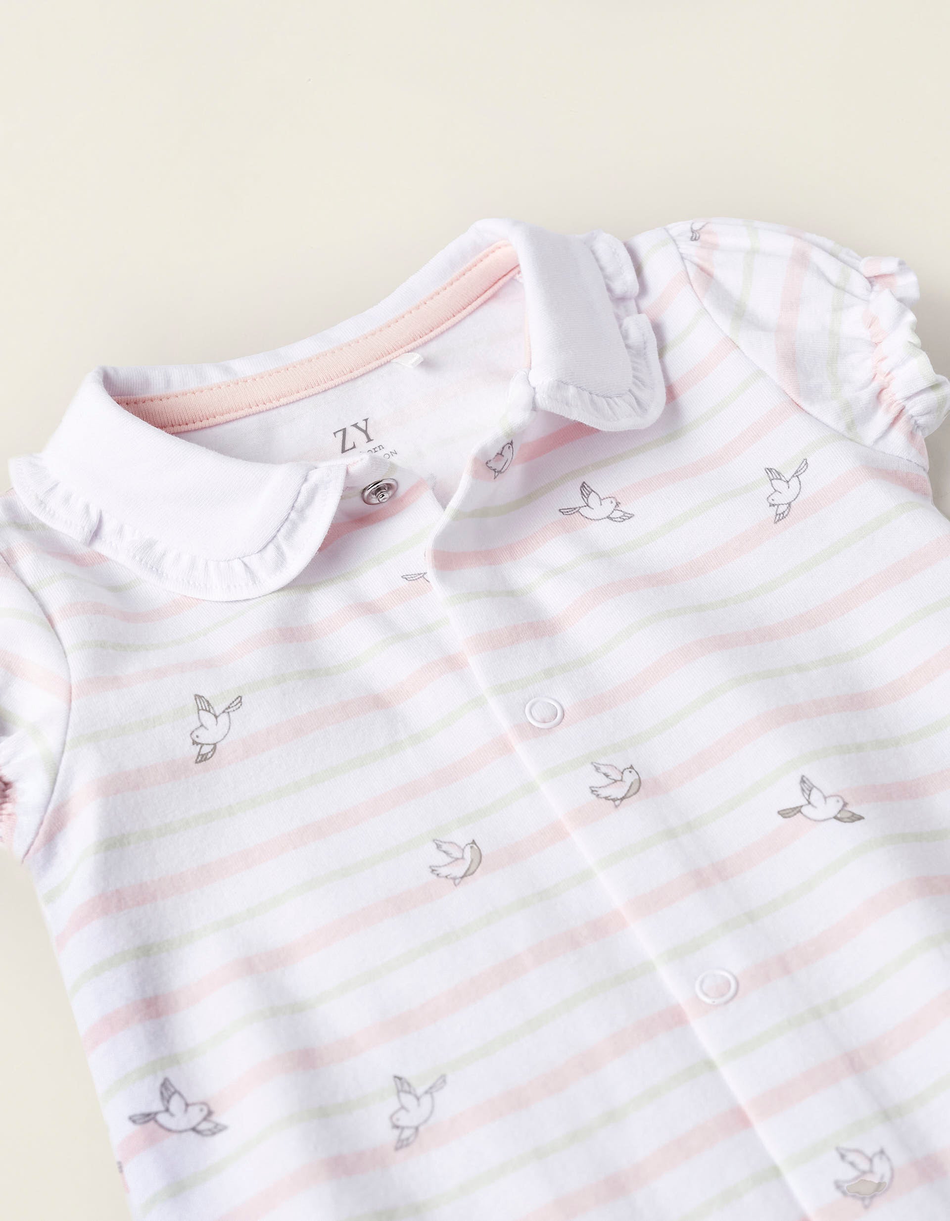 Striped Jumpsuit for Newborn Girls 'Birds', White/Green/Light Pink