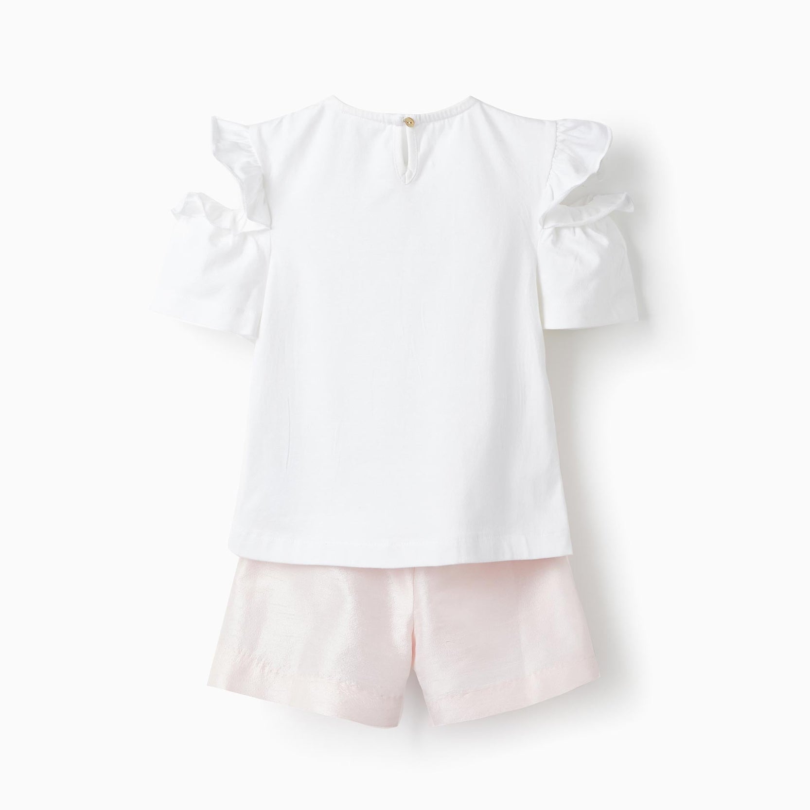 T-Shirt with Ruffles + Shorts Skirt for Girls 'Flower', White/Pink