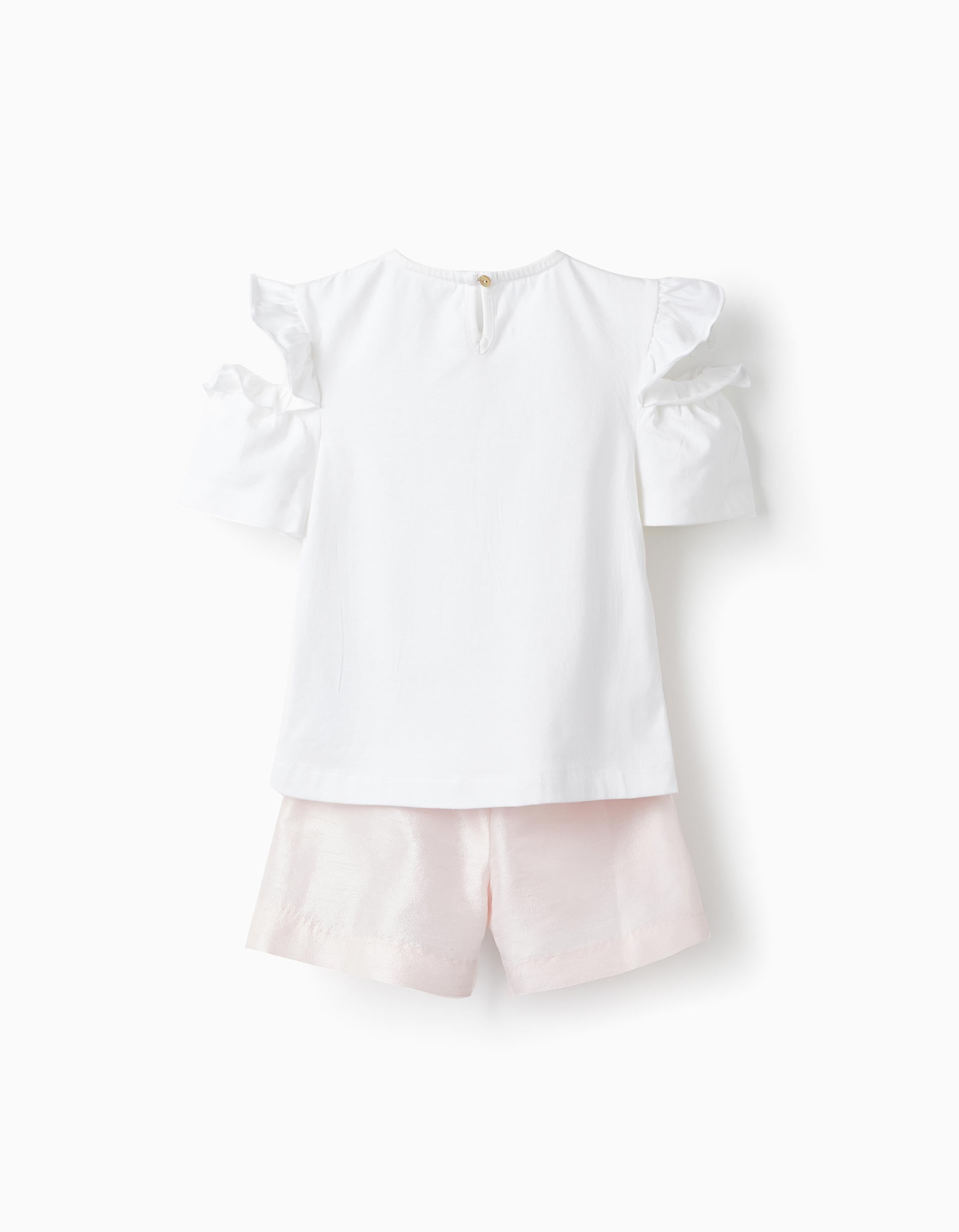T-Shirt with Ruffles + Shorts Skirt for Girls 'Flower', White/Pink