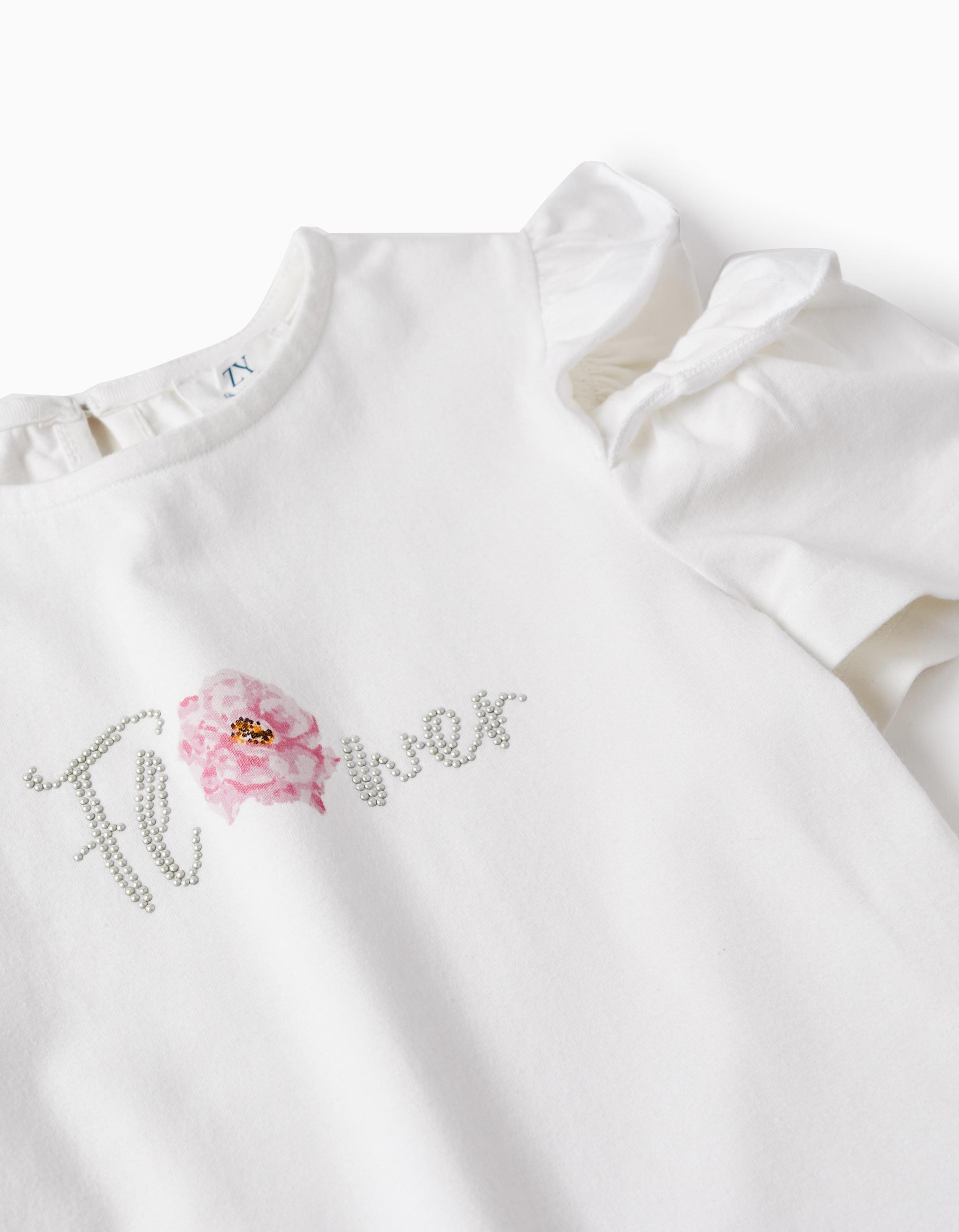 T-Shirt with Ruffles + Shorts Skirt for Girls 'Flower', White/Pink