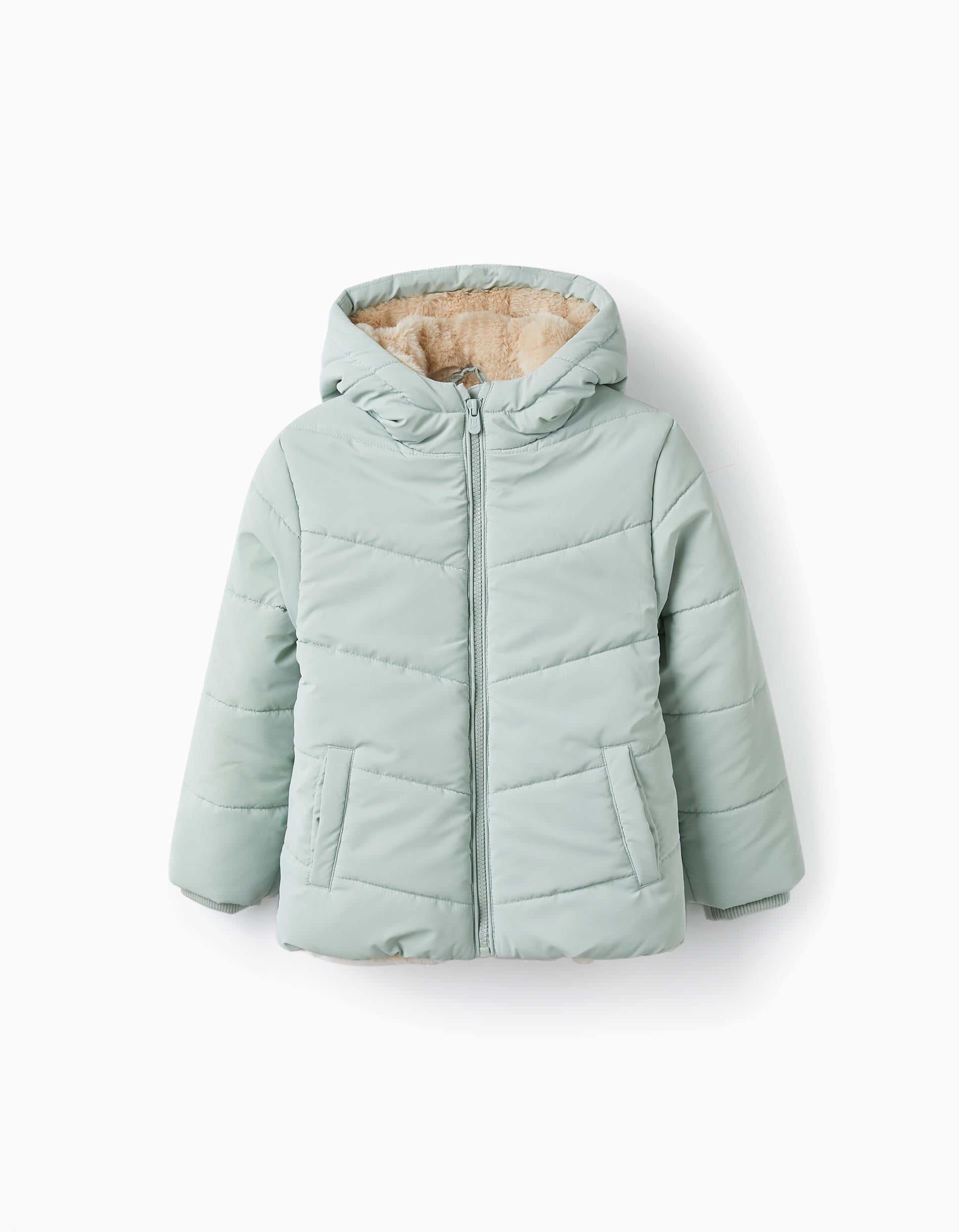 Padded Coat with Fur and Hood for Girls, Light Green