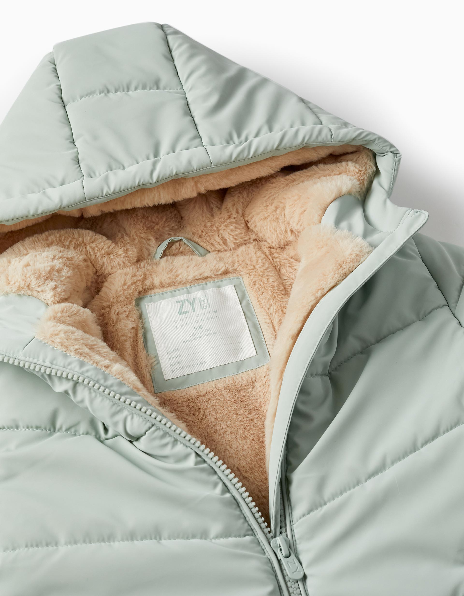 Padded Coat with Fur and Hood for Girls, Light Green