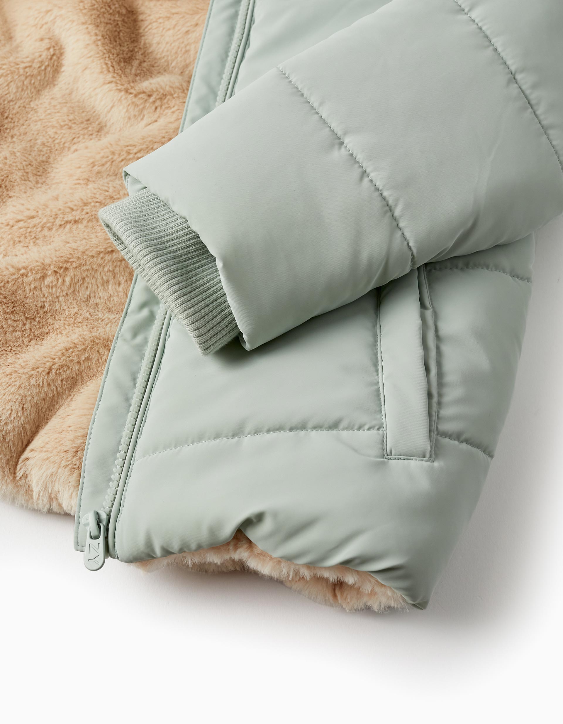 Padded Coat with Fur and Hood for Girls, Light Green