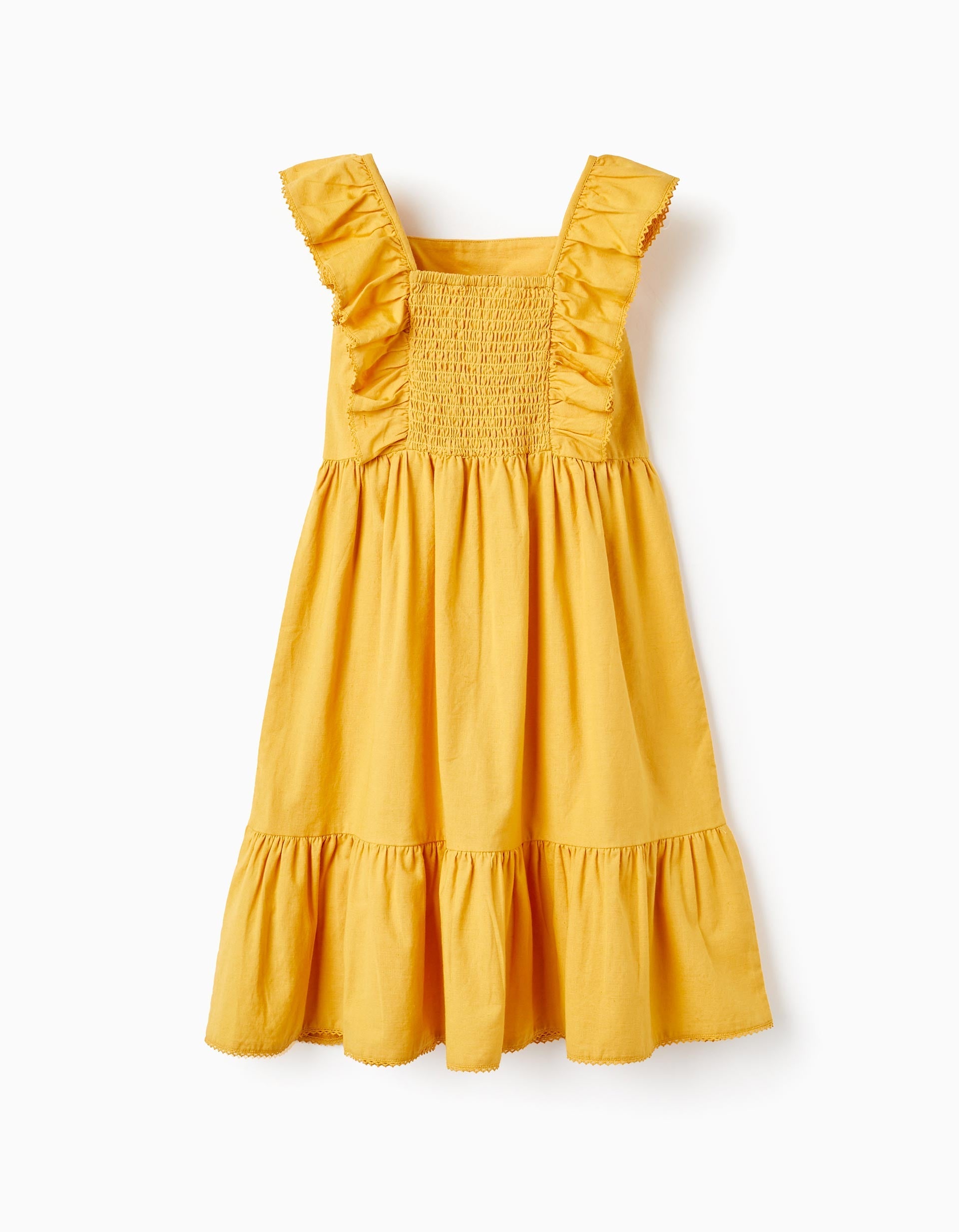Cotton and Linen Dress with Embroidery and Beads for Girls, Yellow
