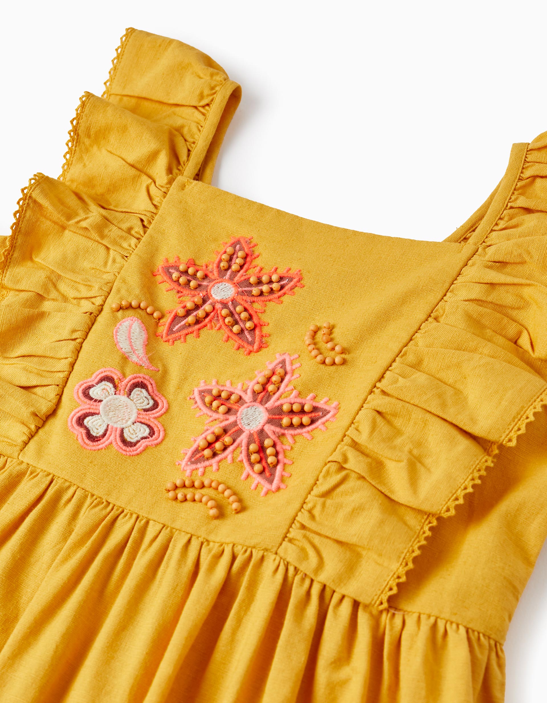 Cotton and Linen Dress with Embroidery and Beads for Girls, Yellow