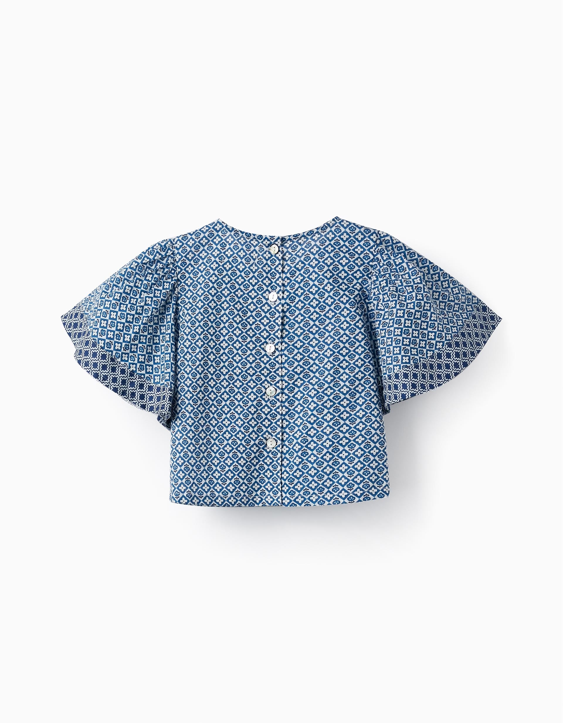 Cropped Cotton T-Shirt with Pattern for Girls, Blue/White