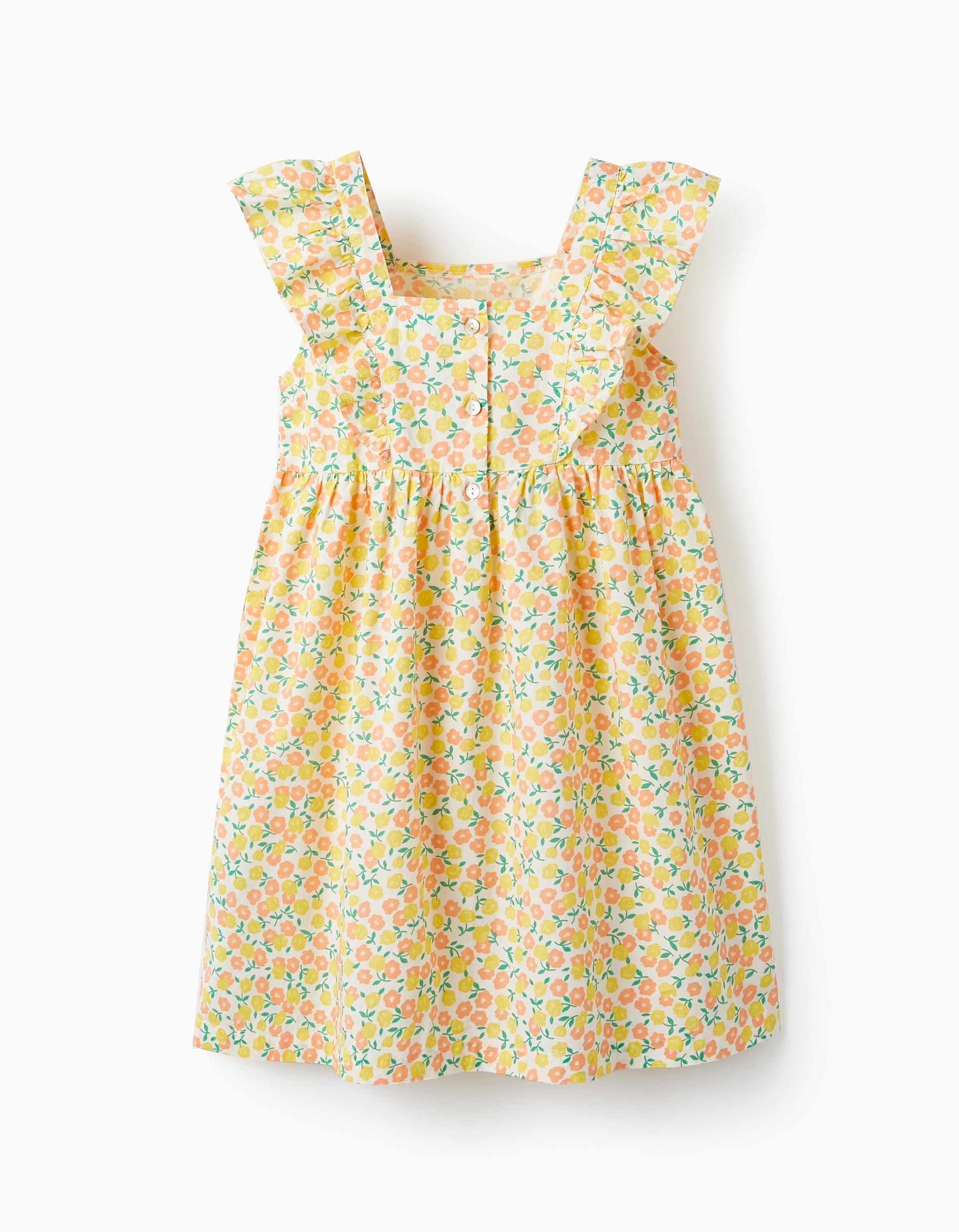 Floral Cotton Dress for Girls, White/Yellow/Orange