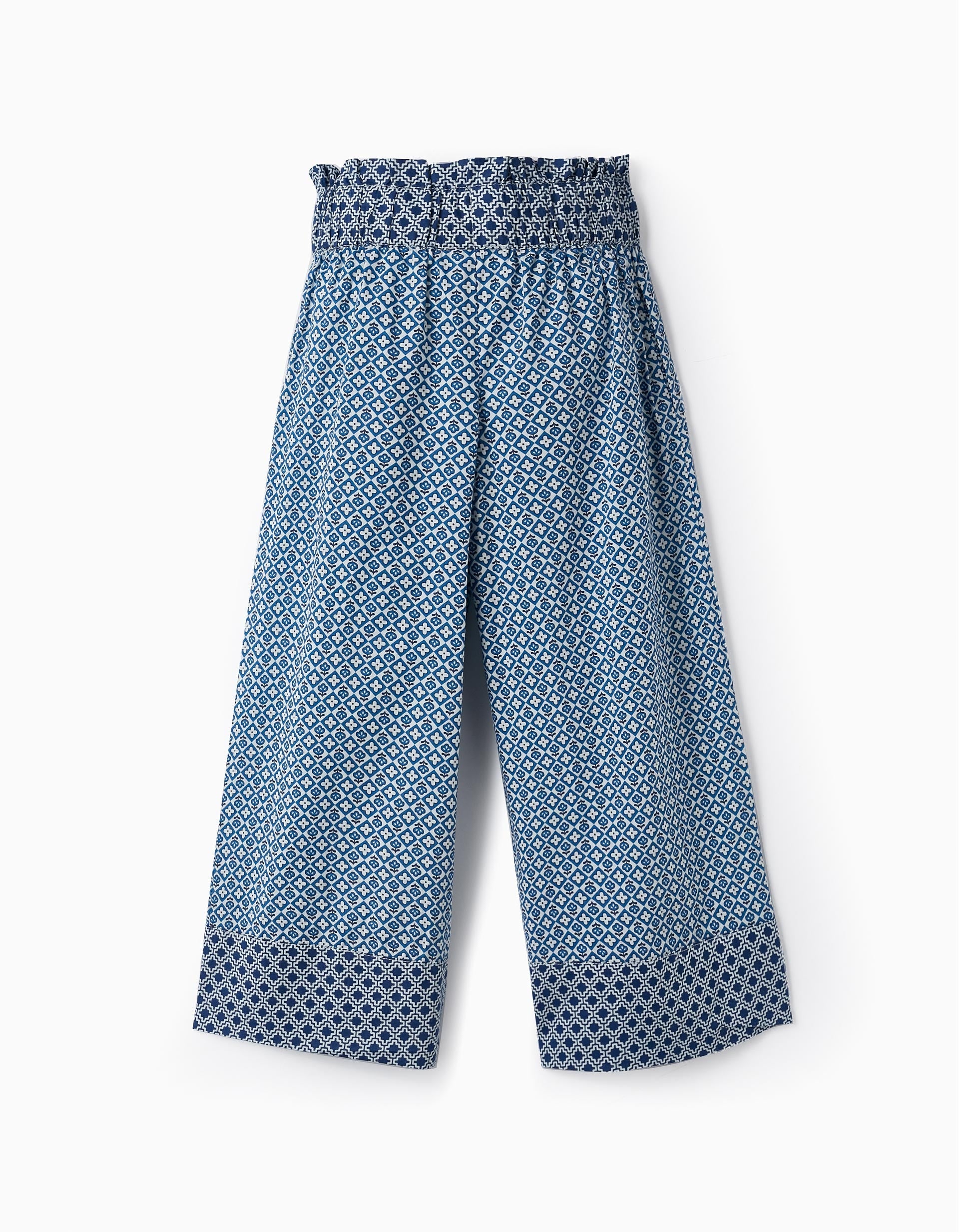 High-Waisted Trousers with Pattern for Girls 'Wide Leg', Blue/White