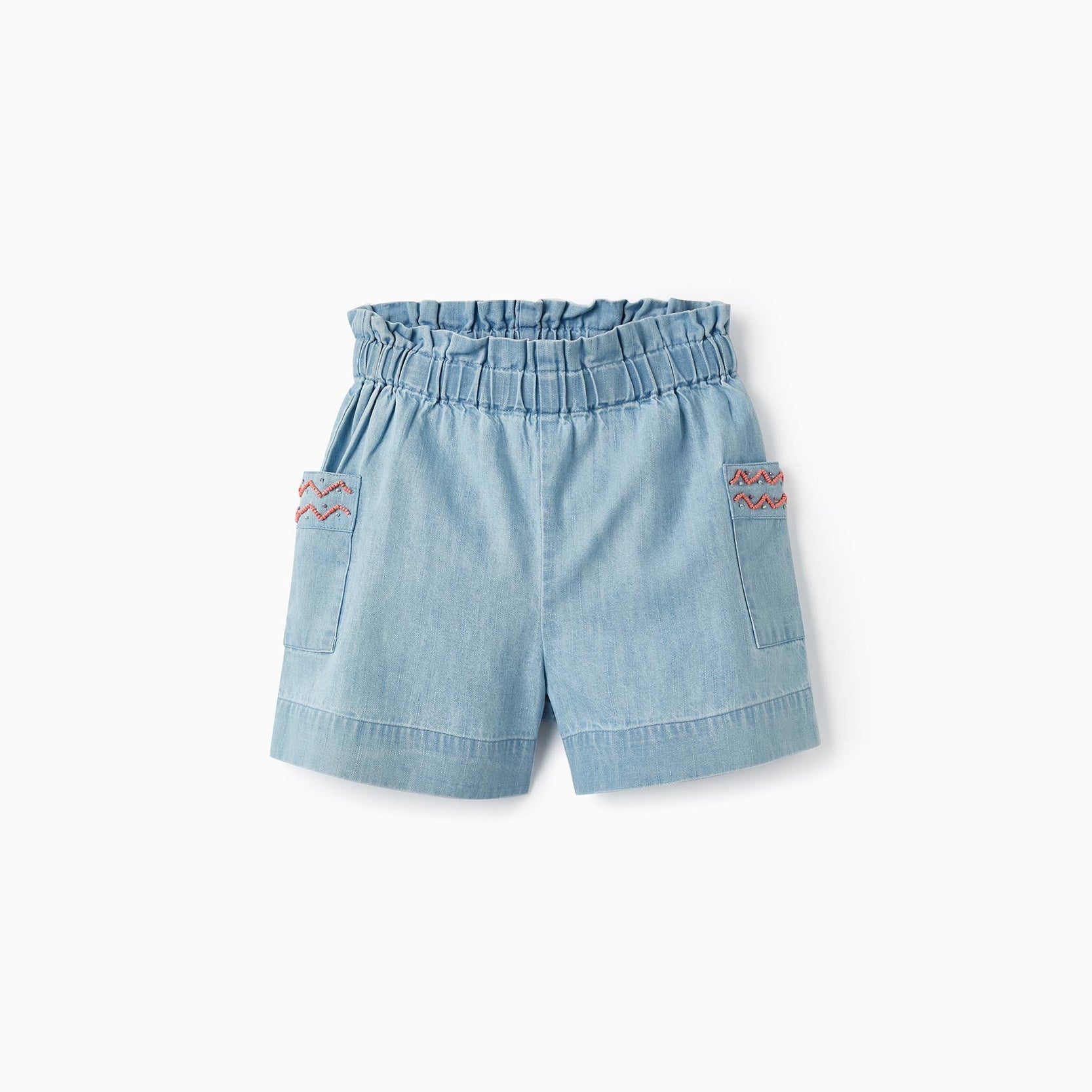 Paperbag Cotton Denim Shorts with Beads for Girls, Light Blue
