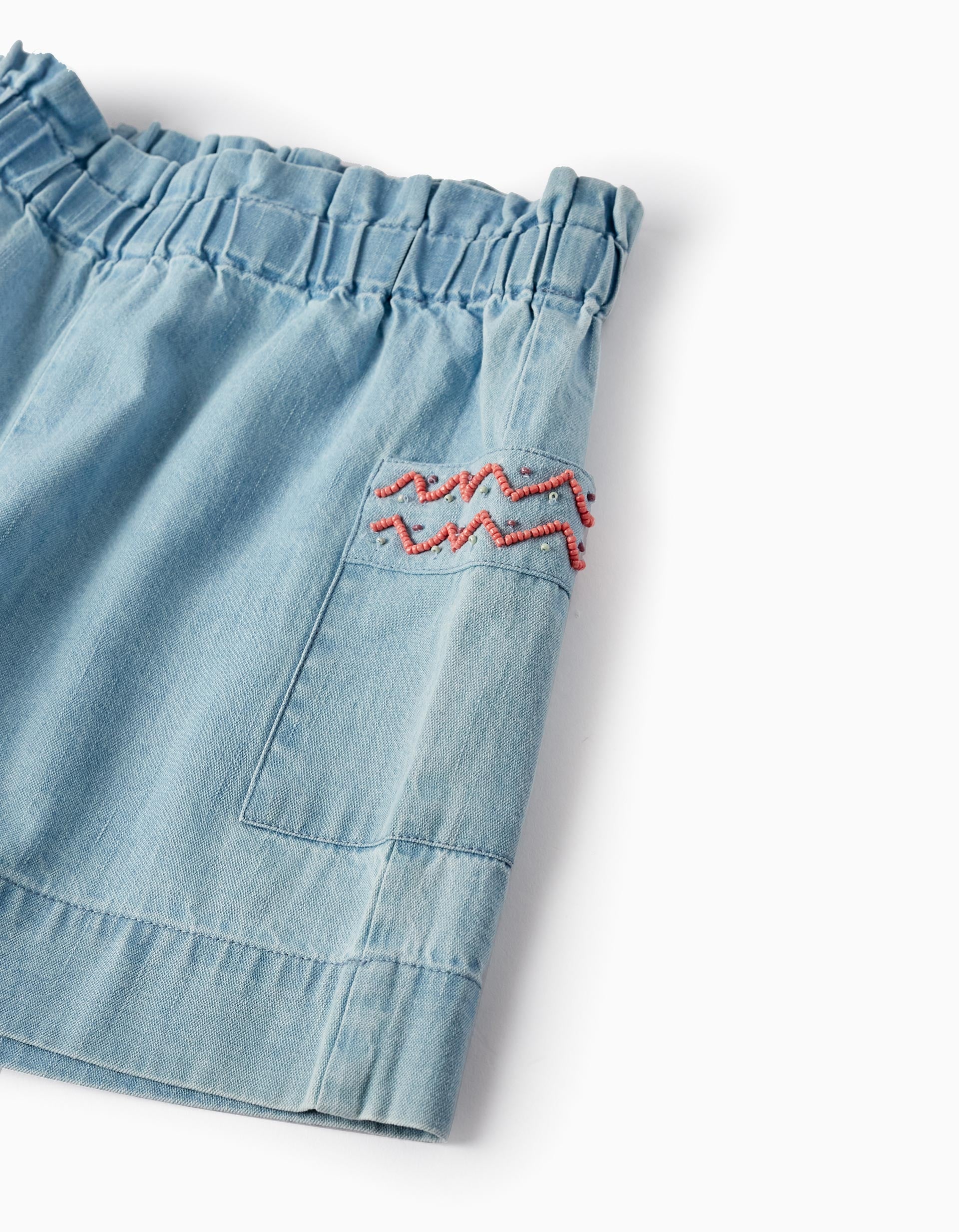 Paperbag Cotton Denim Shorts with Beads for Girls, Light Blue