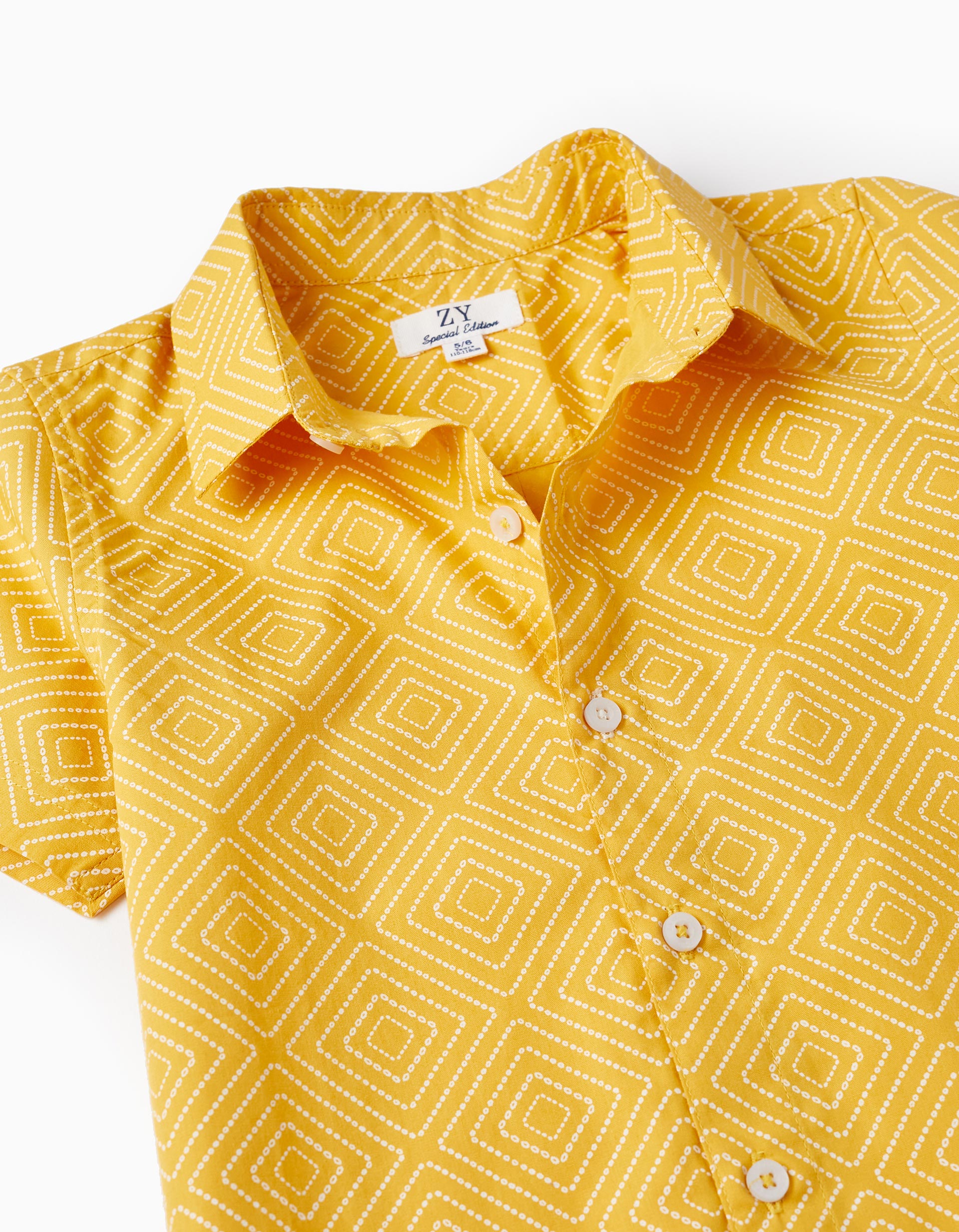Short Sleeve Cotton Shirt for Boys, Yellow/White
