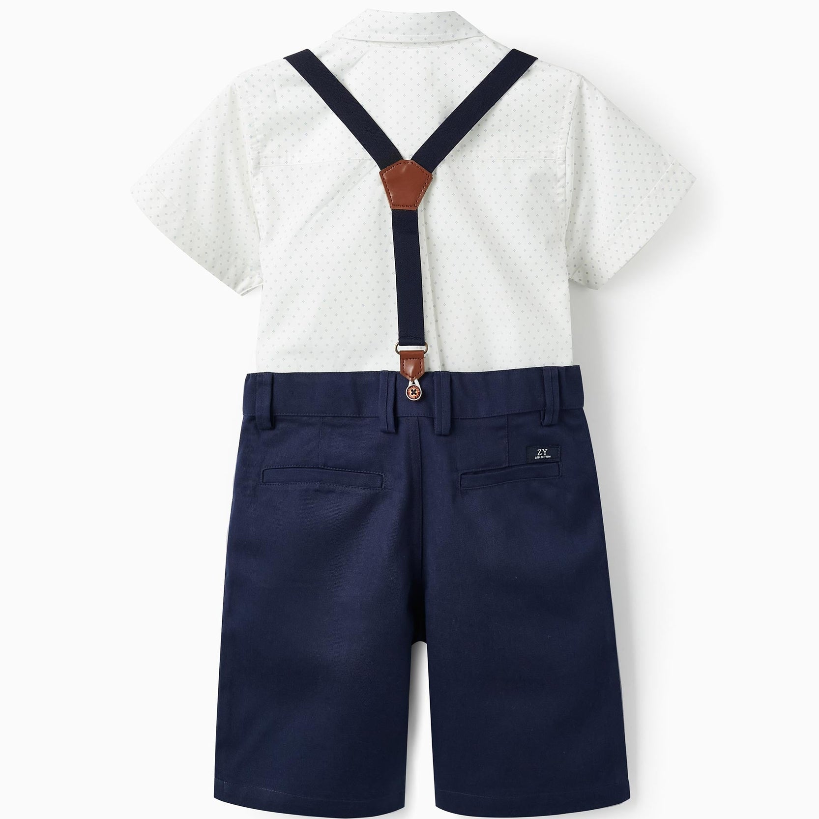 Short Sleeve Shirt + Shorts with Suspenders for Boys, White/Blue
