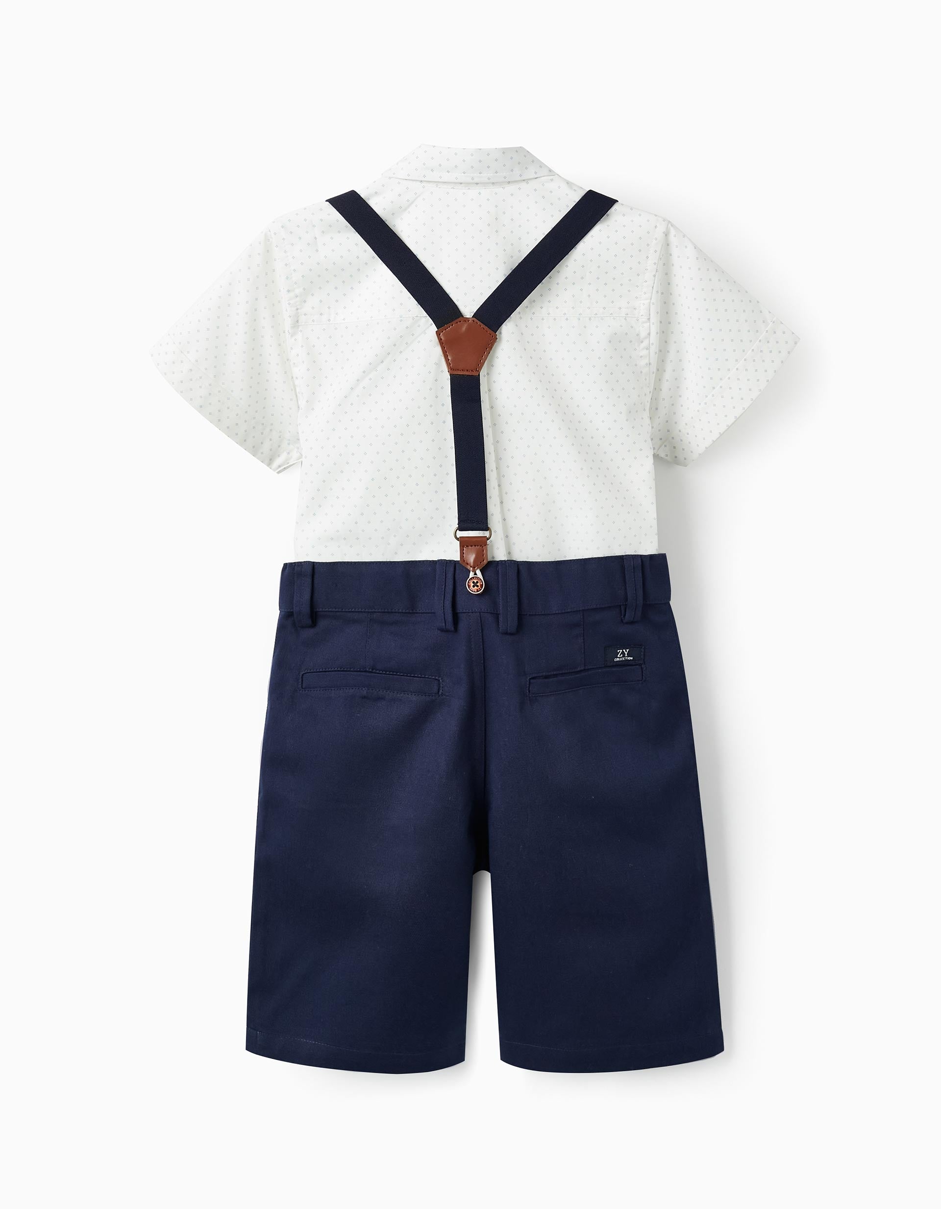 Short Sleeve Shirt + Shorts with Suspenders for Boys, White/Blue