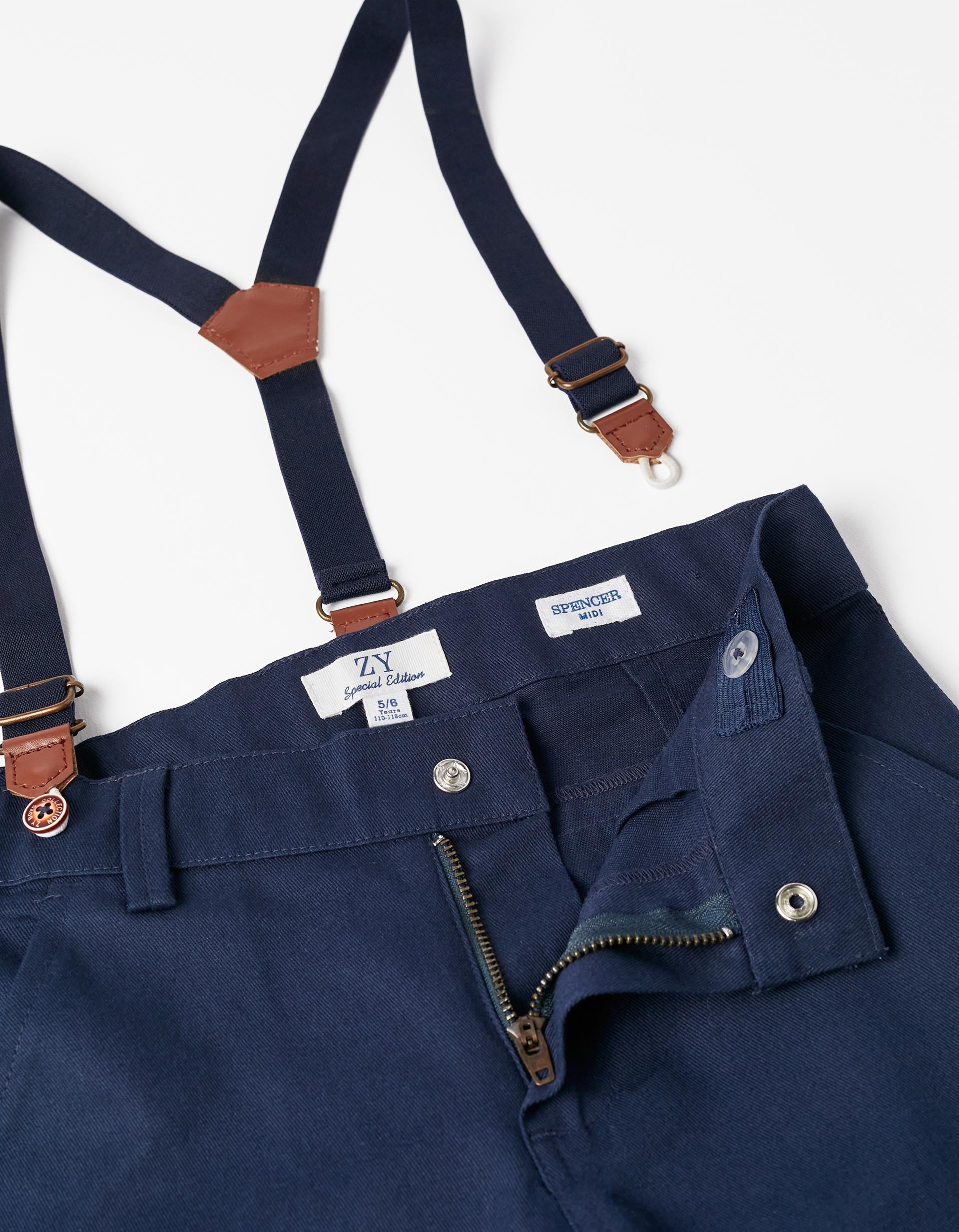 Short Sleeve Shirt + Shorts with Suspenders for Boys, White/Blue