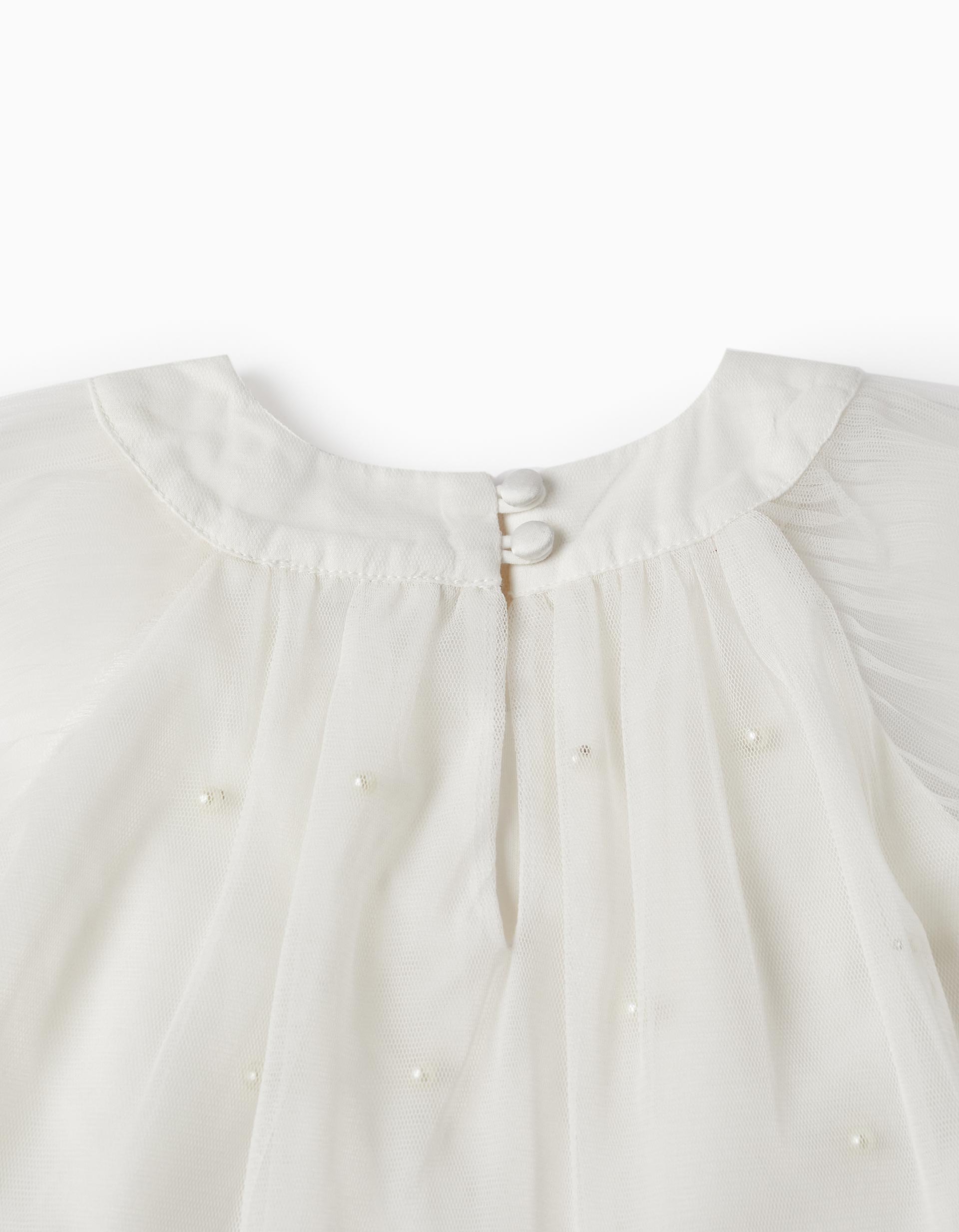 Dress in Tulle and Cotton for Baby Girls 'Special Days - Pearls', White