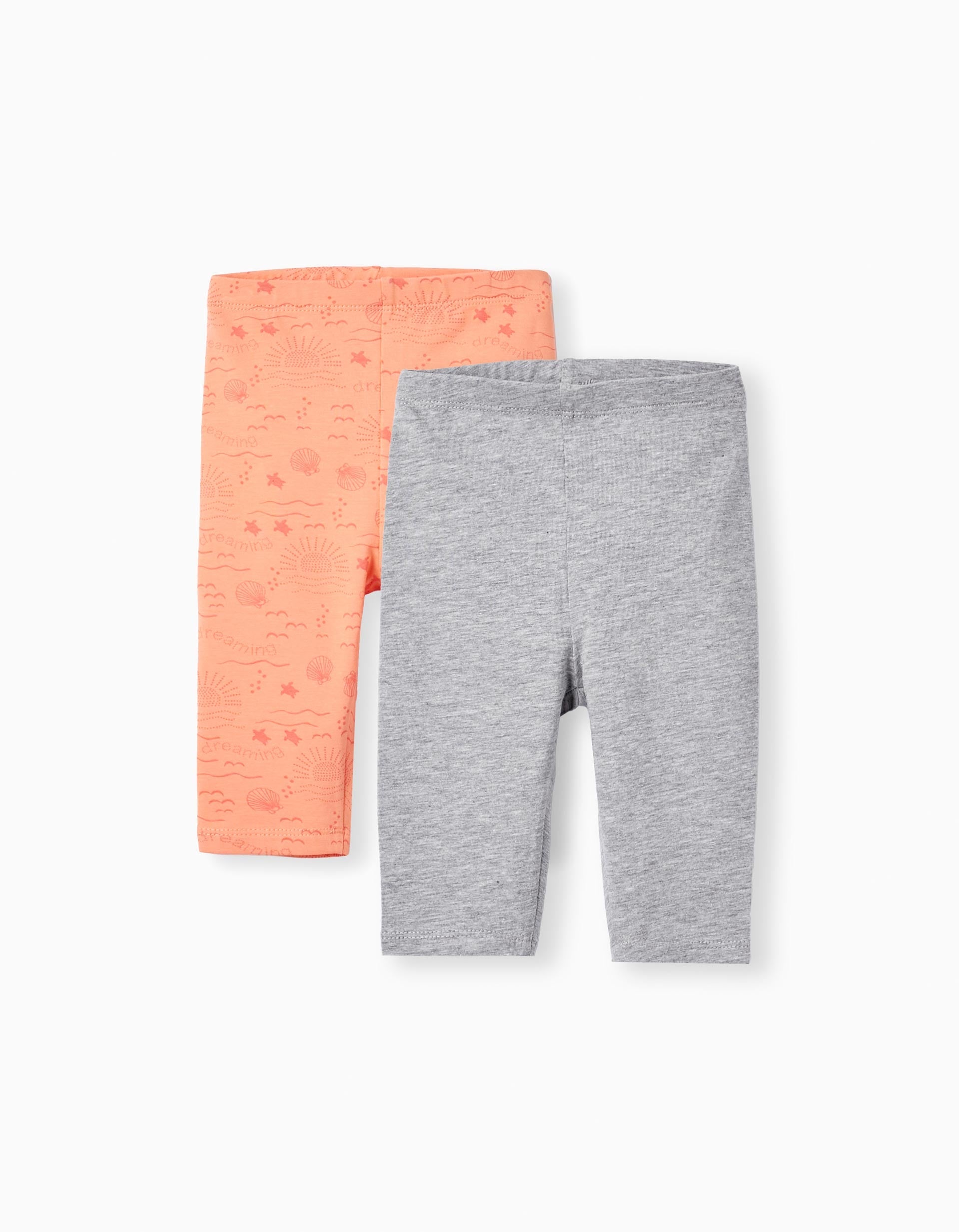 2 Short Cotton Leggings for Baby Girls, Coral/Grey