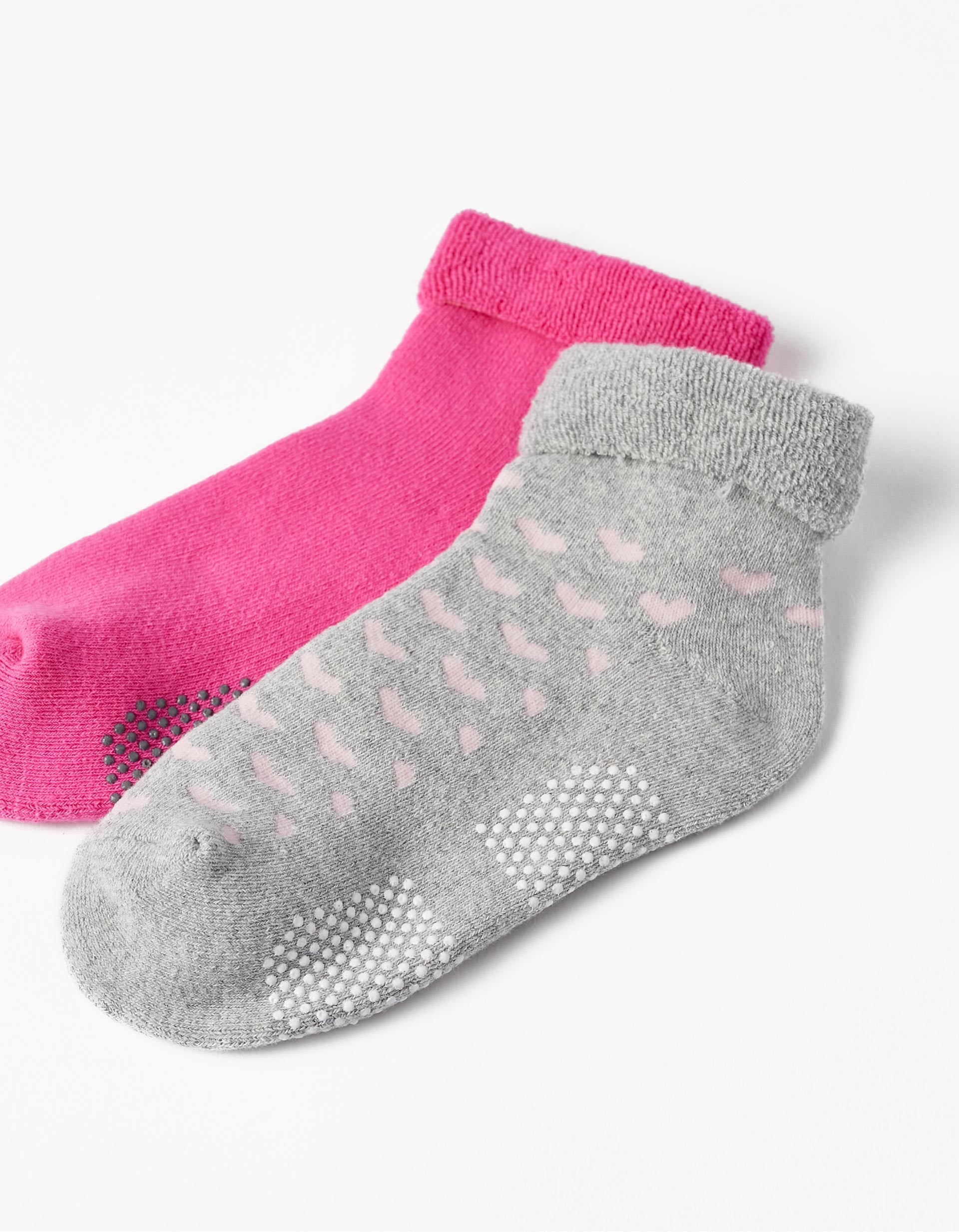 Pack of 2 Pairs of Thick Non-Slip Socks for Girls, Grey/Pink
