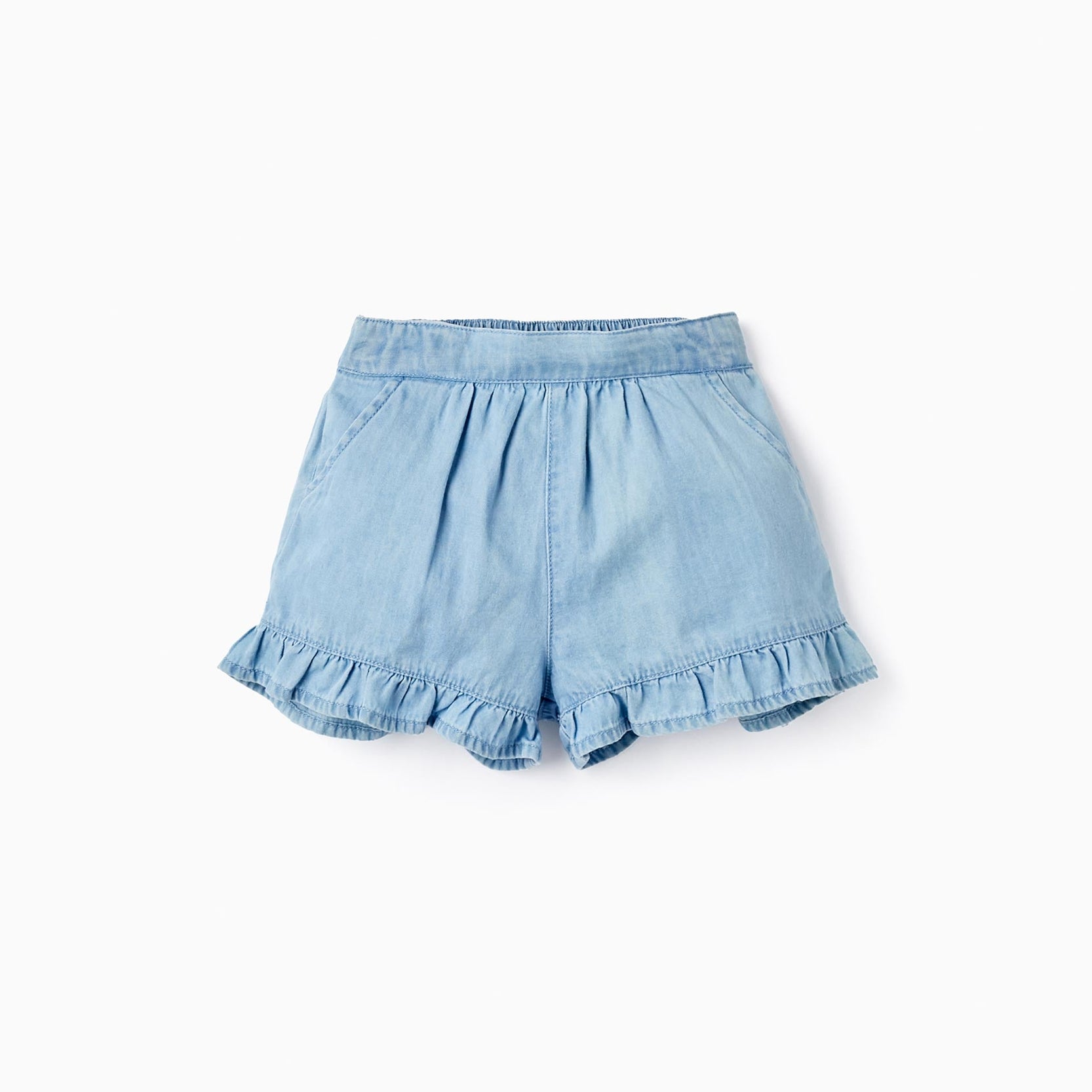 Cotton Denim Shorts with Ruffles for Baby Girls, Light Blue