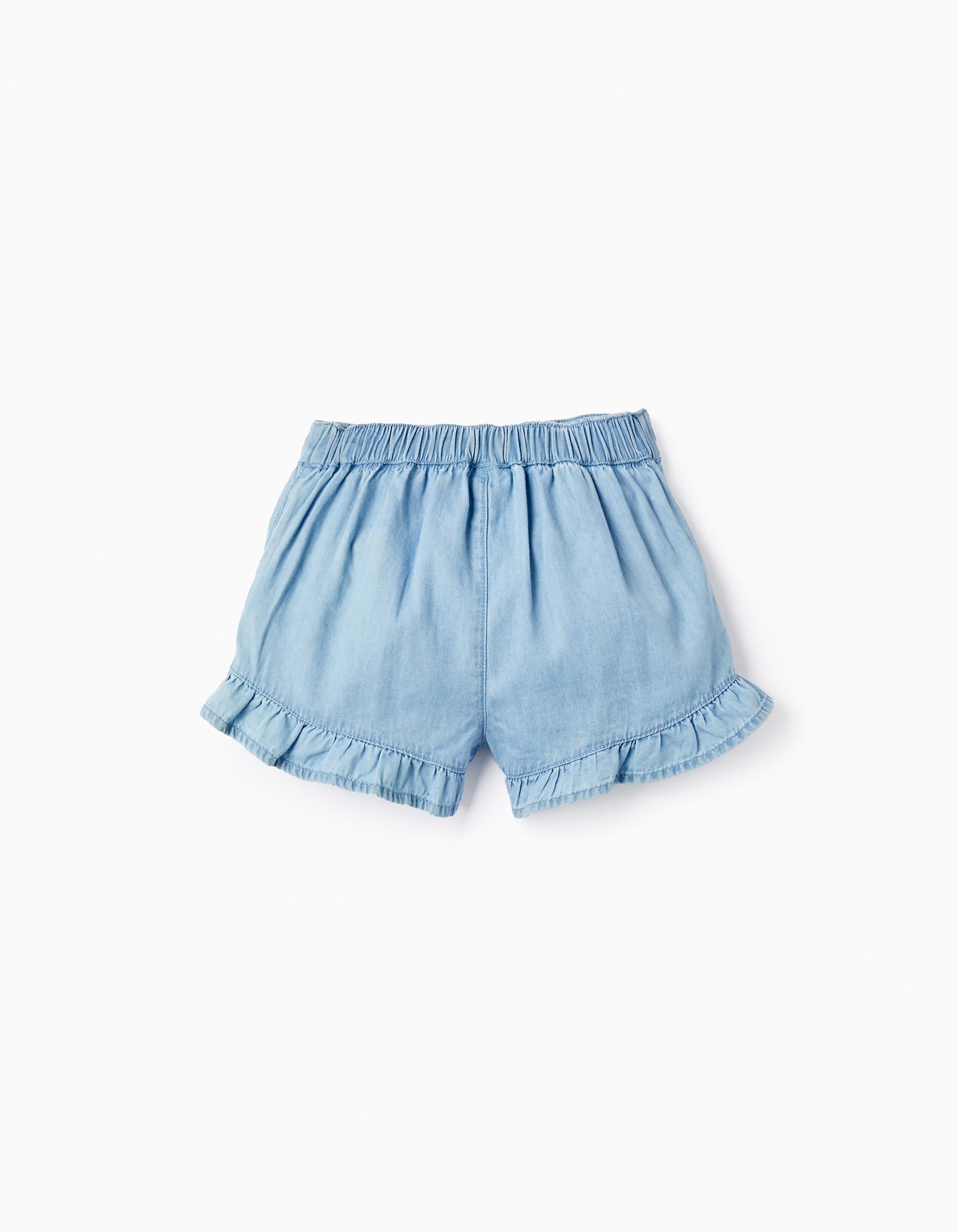 Cotton Denim Shorts with Ruffles for Baby Girls, Light Blue