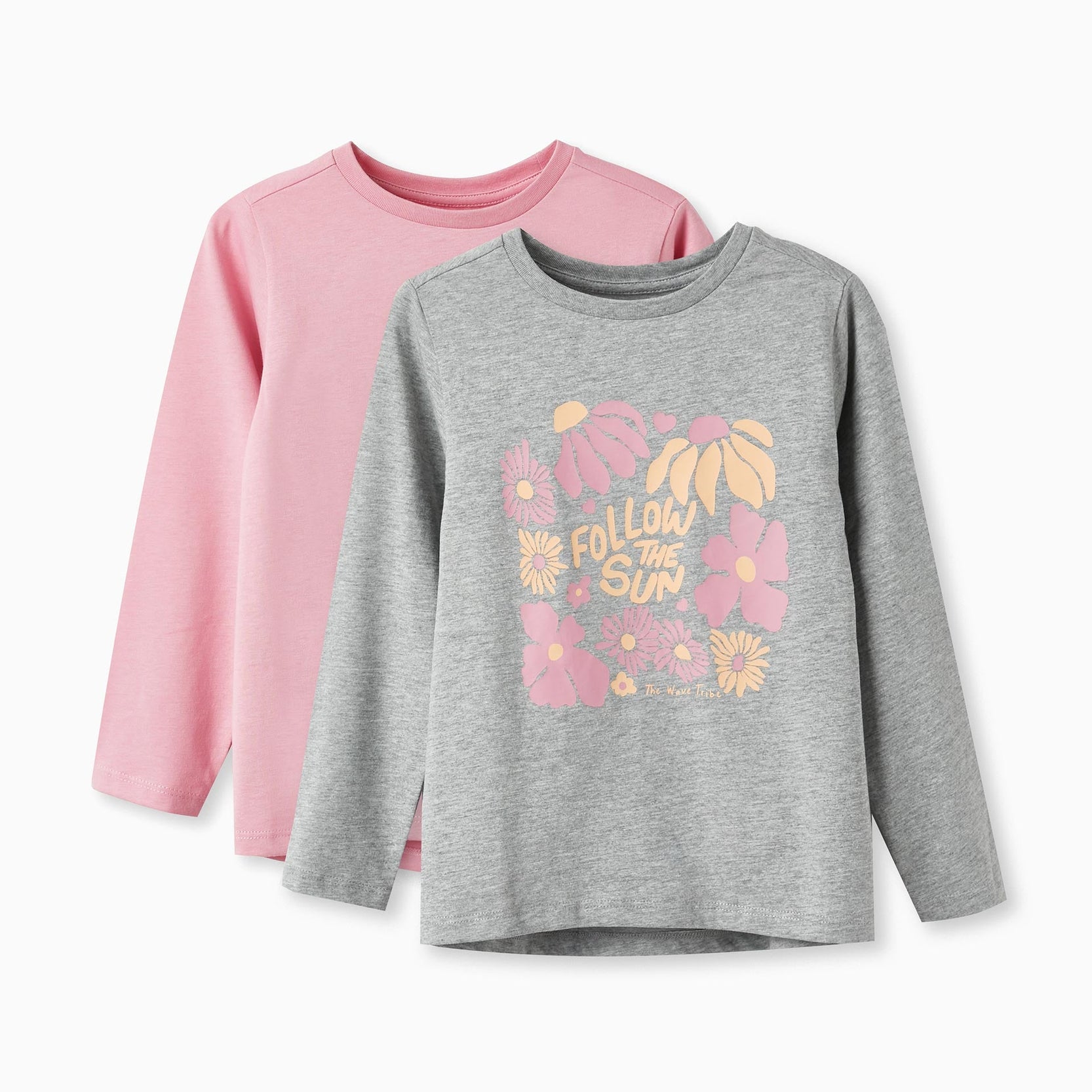 Pack of 2 Long Sleeve T-Shirts for Girls 'Follow the Sun', Grey/Pink