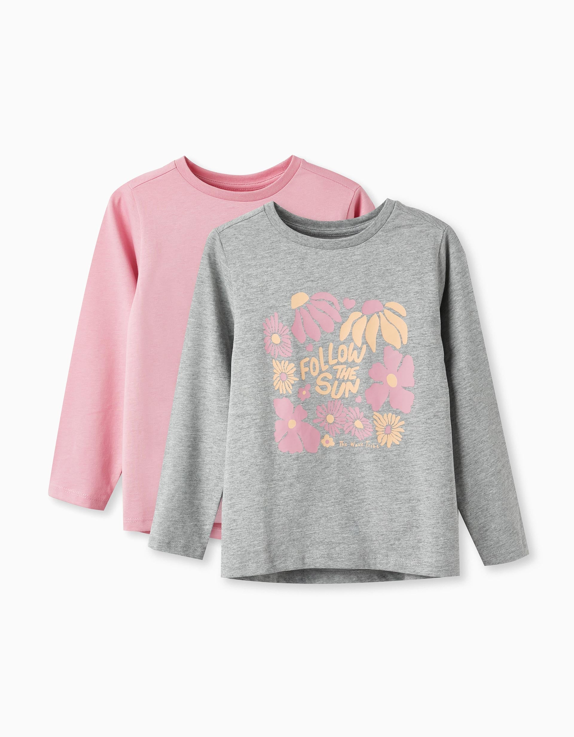 Pack of 2 Long Sleeve T-Shirts for Girls 'Follow the Sun', Grey/Pink