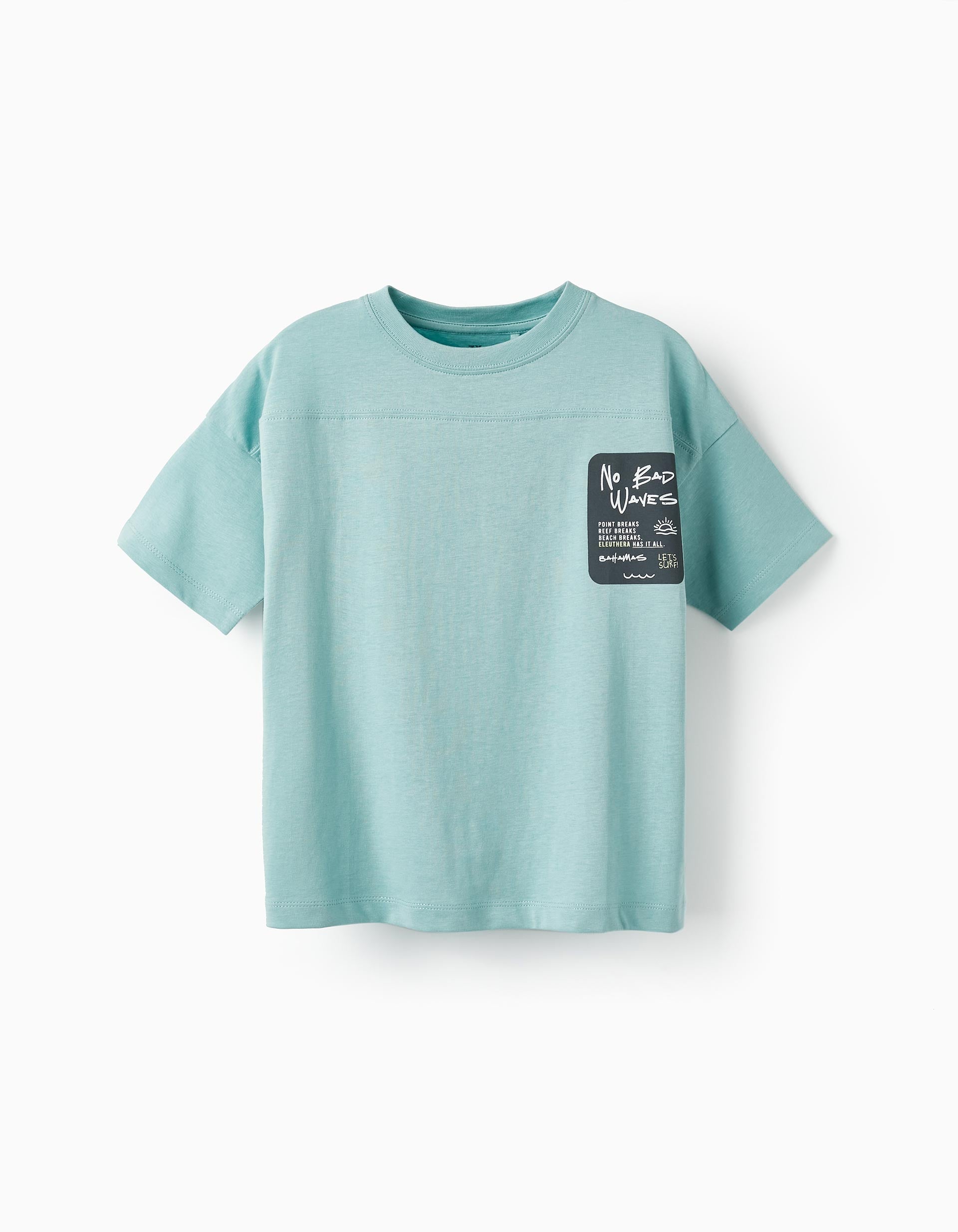 Cotton T-Shirt for Boys 'No Bad Waves', Aqua Green
