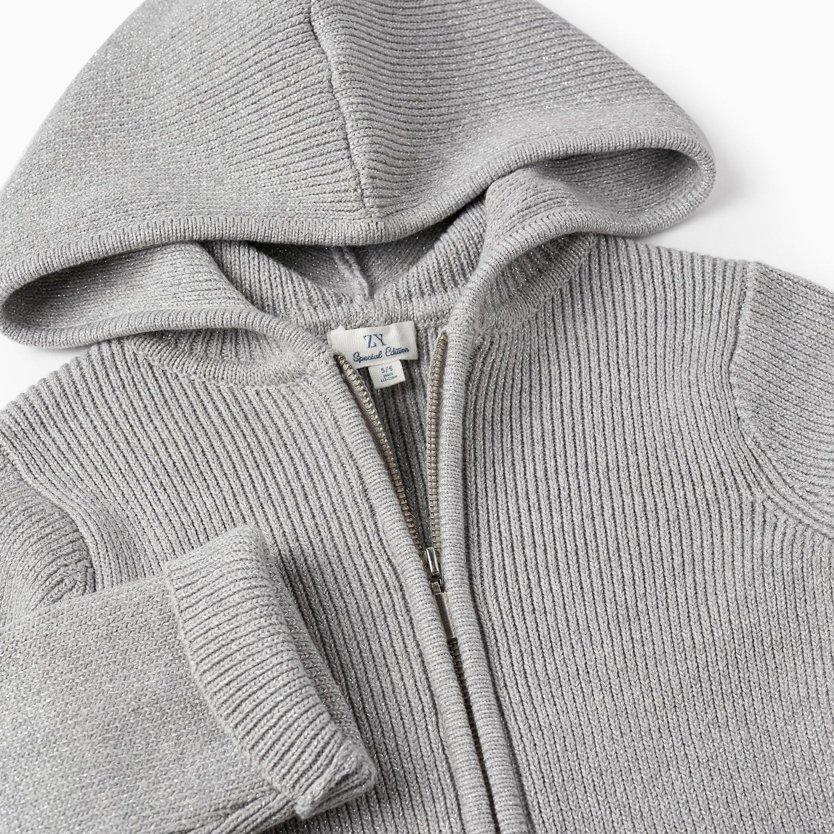 Knitted Cardigan with Lurex Threads and Hood for Girls, Grey/Silver