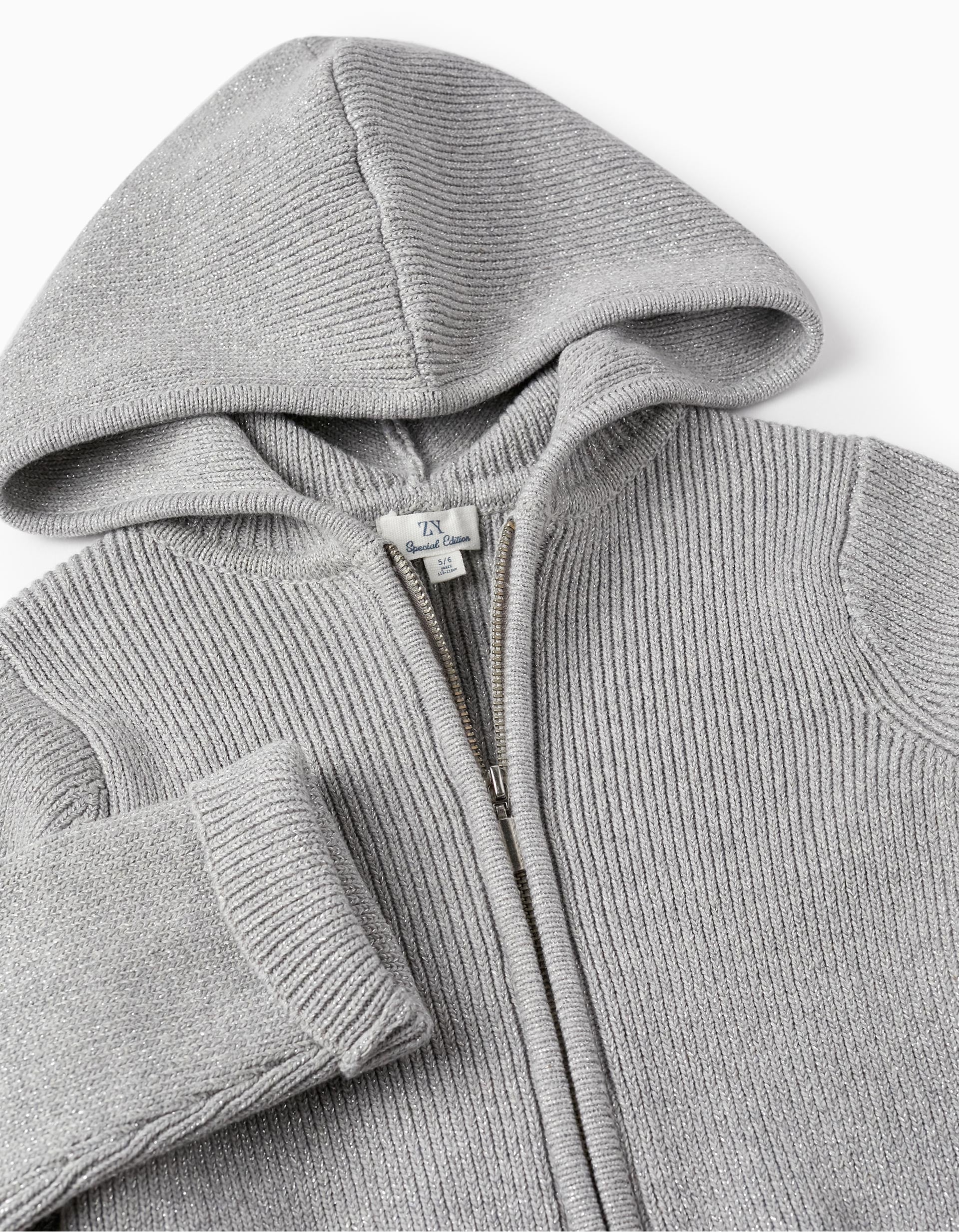 Knitted Cardigan with Lurex Threads and Hood for Girls, Grey/Silver