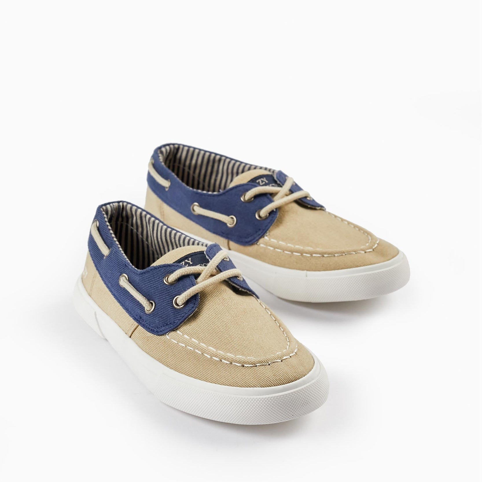 Fabric Deck Shoes for Boys, Light Beige/Dark Blue