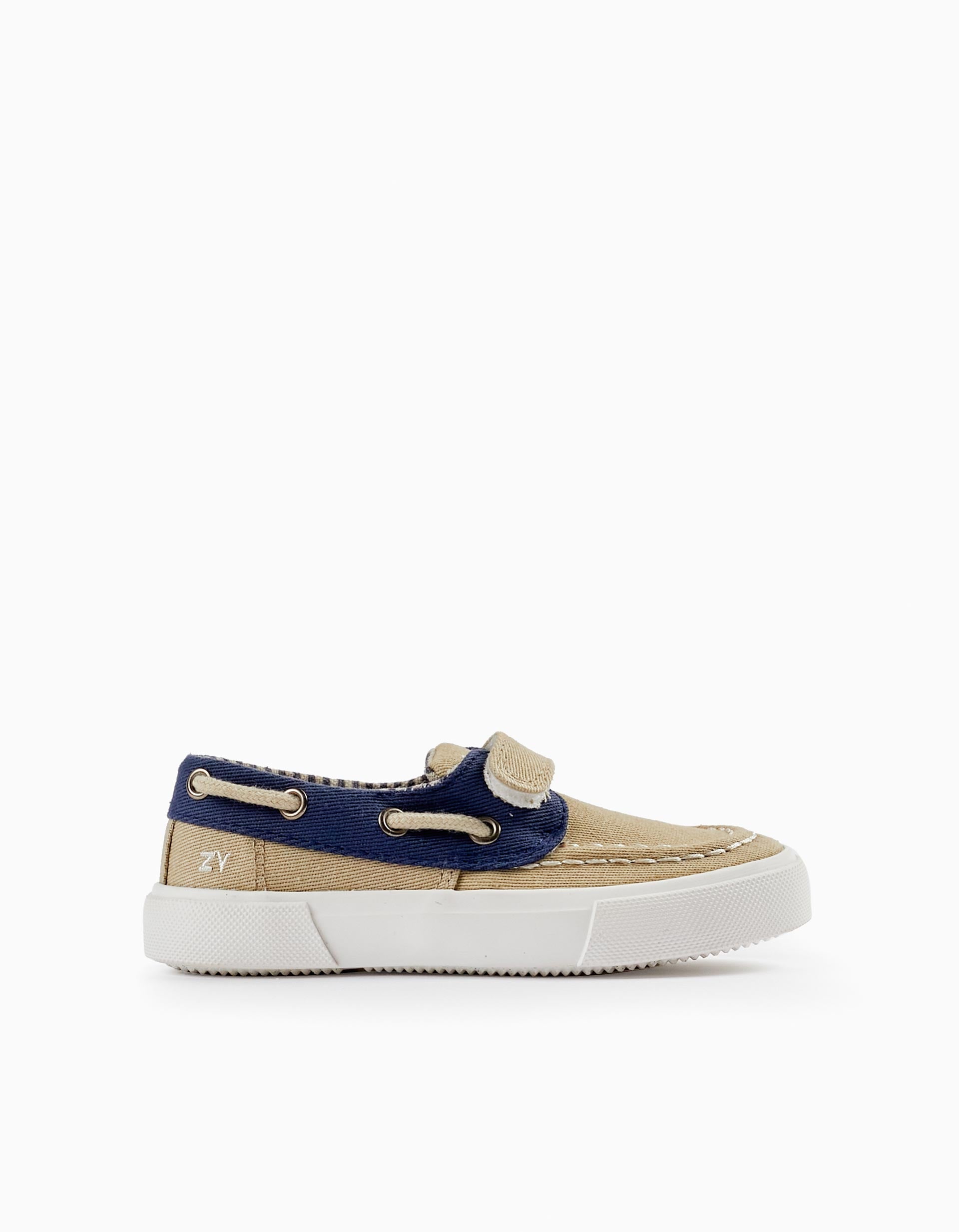 Fabric Deck Shoes for Baby Boy, Light Beige/Dark Blue