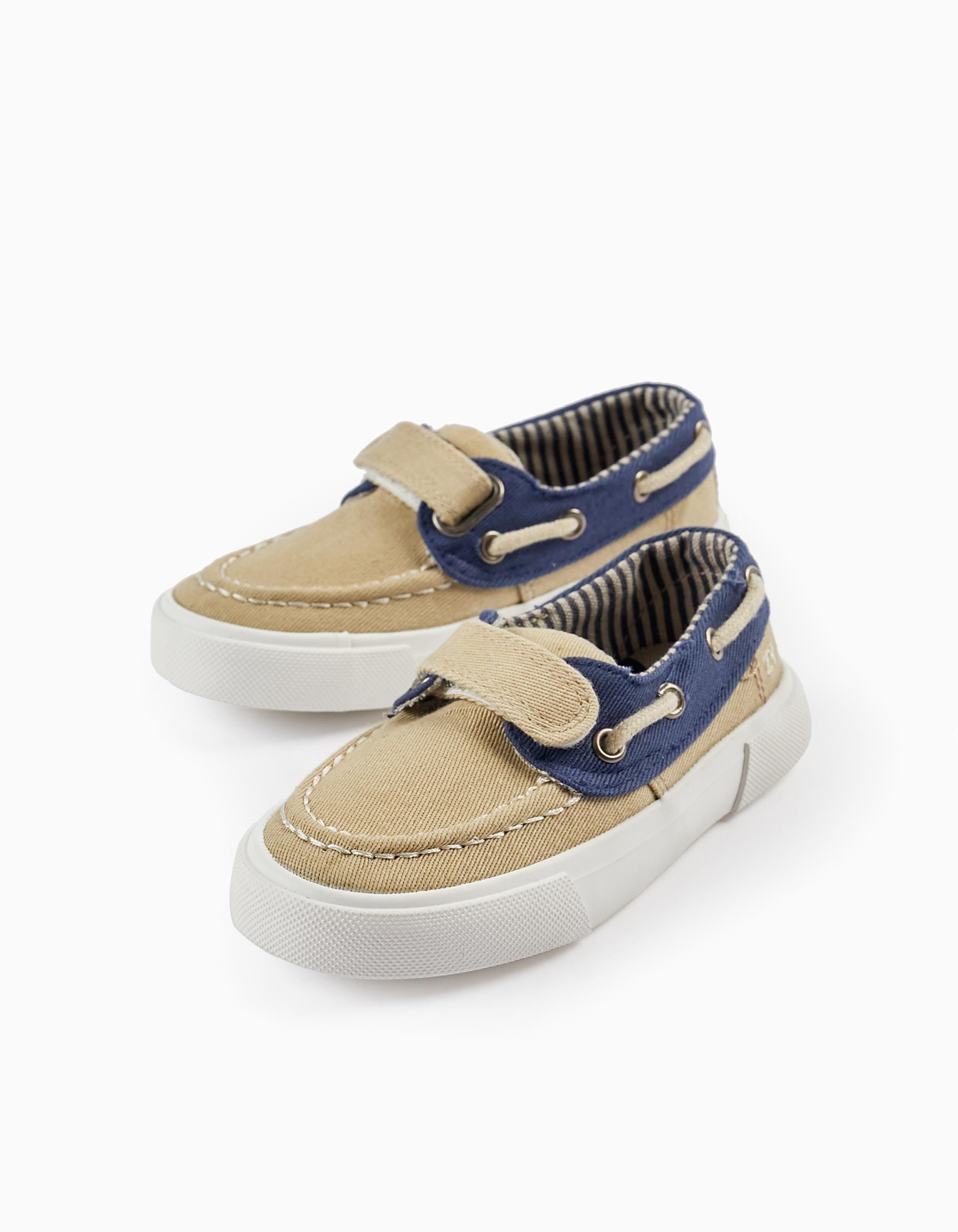 Fabric Deck Shoes for Baby Boy, Light Beige/Dark Blue