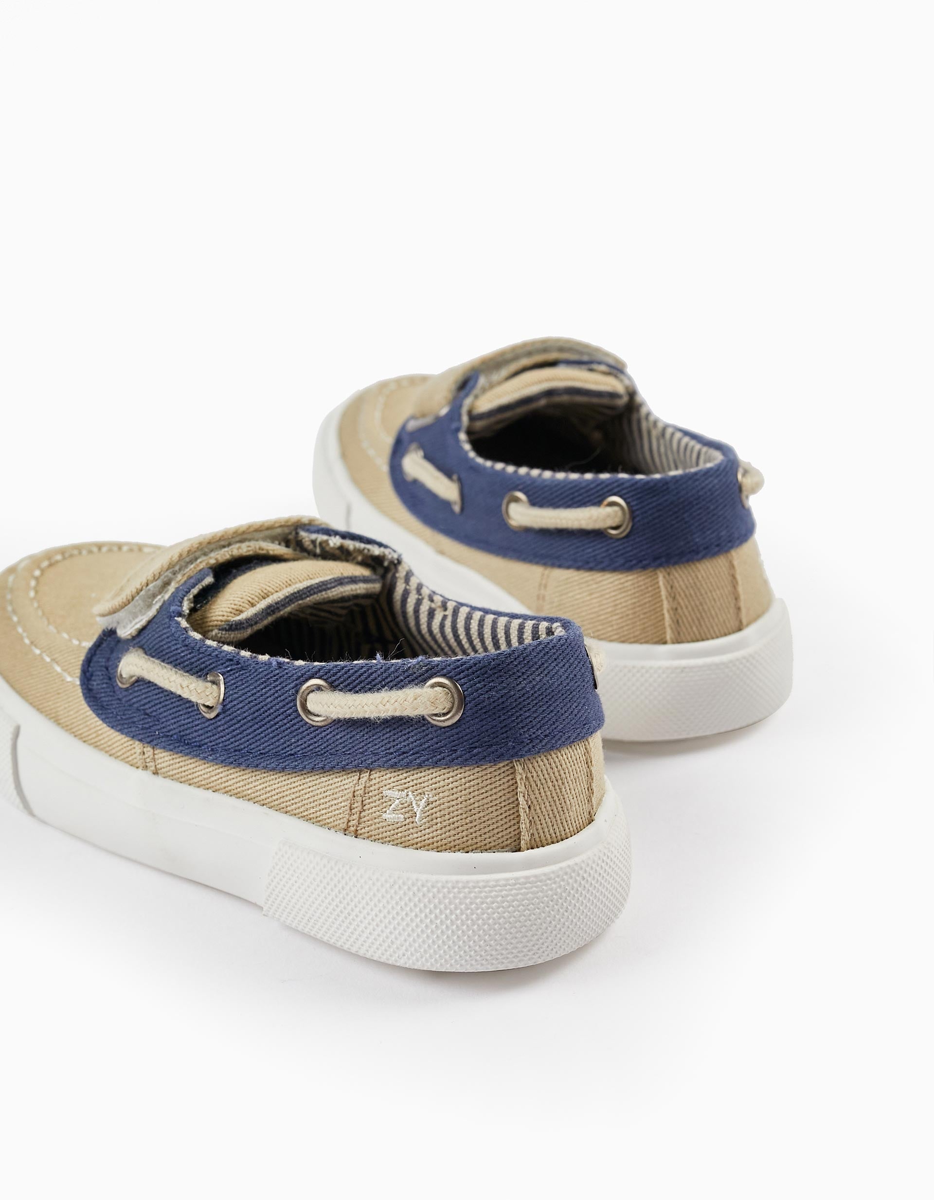 Fabric Deck Shoes for Baby Boy, Light Beige/Dark Blue