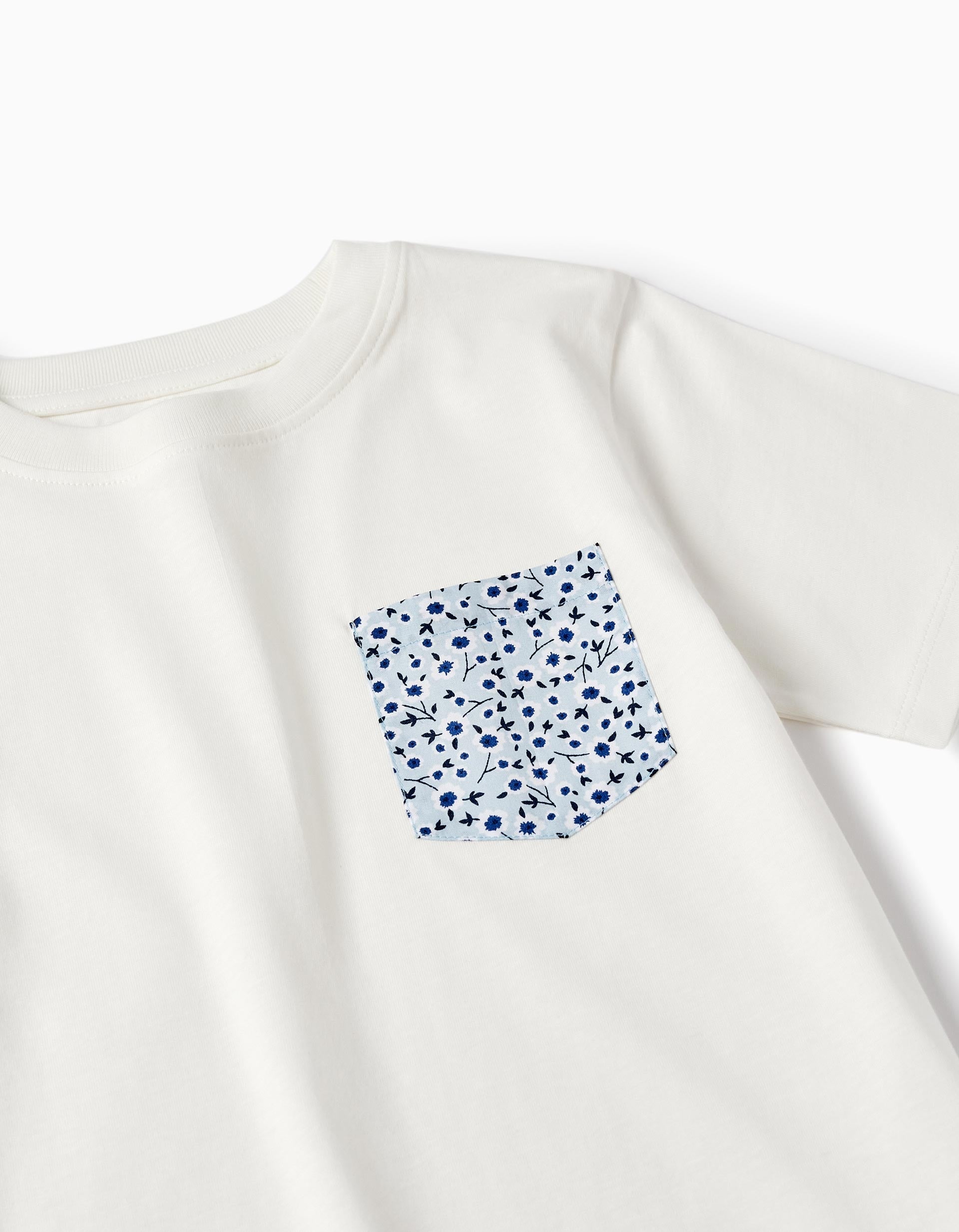 Cotton T-Shirt with Pocket for Boys, White/Blue