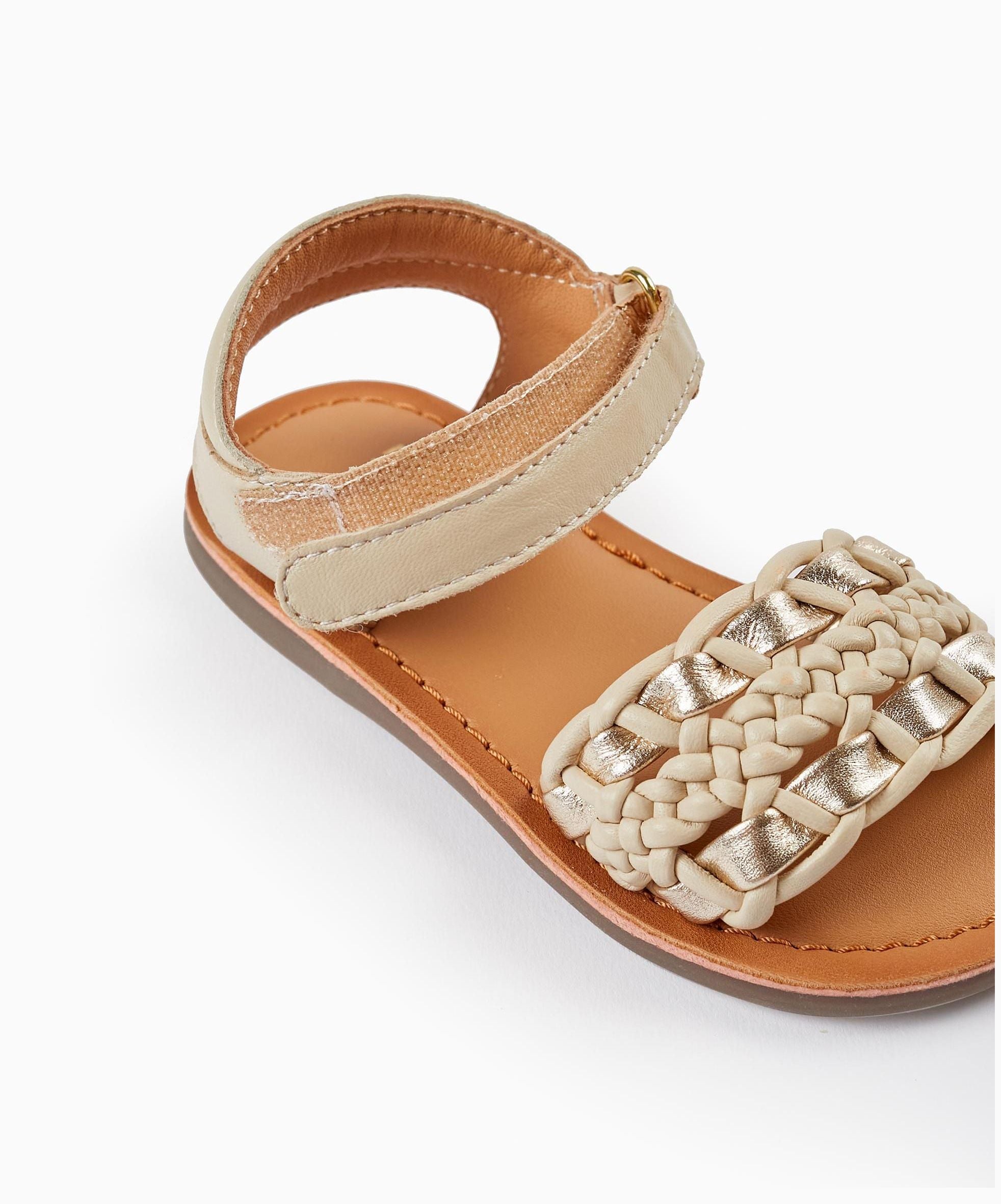 Leather Sandals for Baby Girls, Beige/Gold