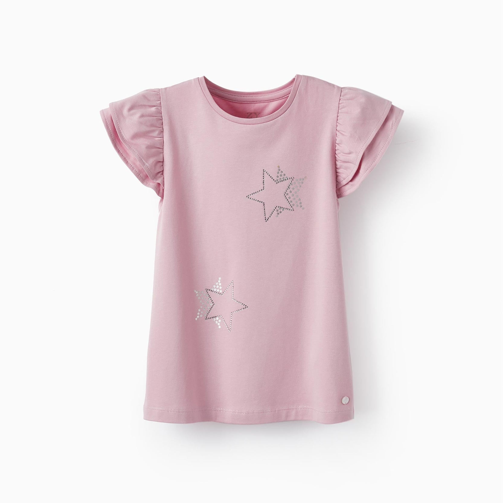 Cotton Jersey T-Shirt with Ruffles and Sparkles for Girls, Pink