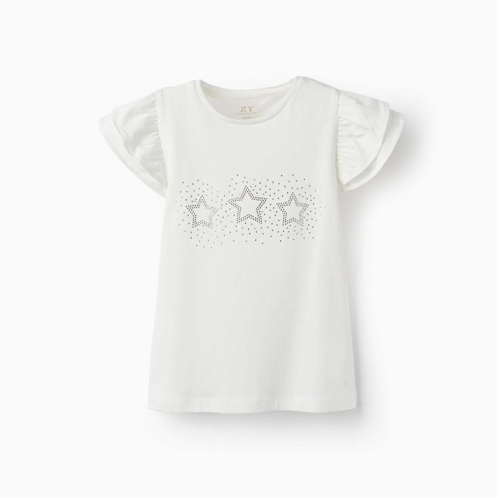 Cotton Jersey T-Shirt with Ruffles and Sparkles for Girls, White